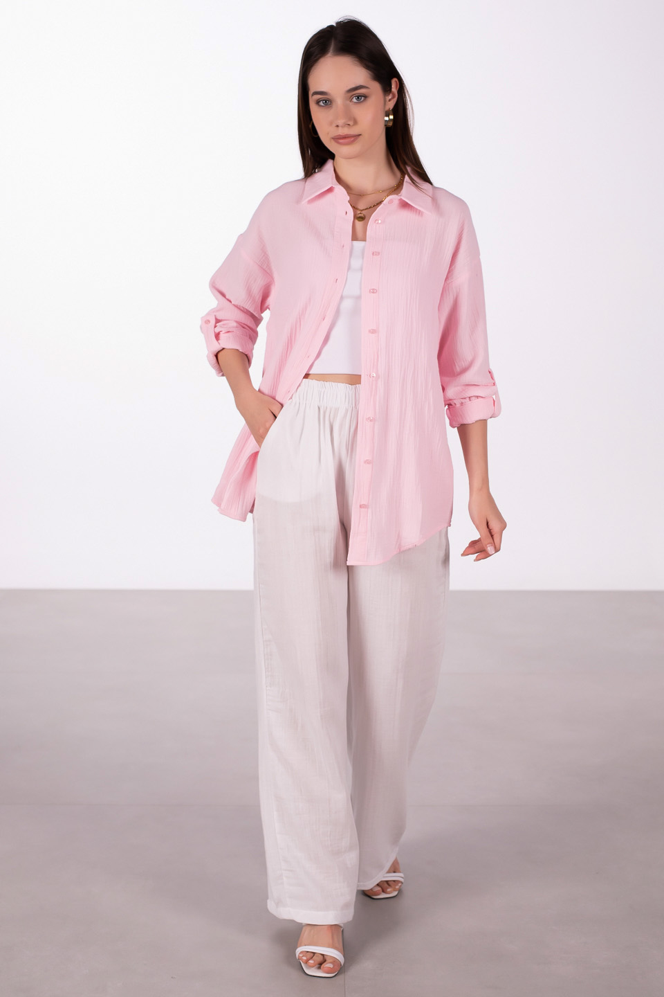 Oversize pamuklu gömlek-4806 Pembe