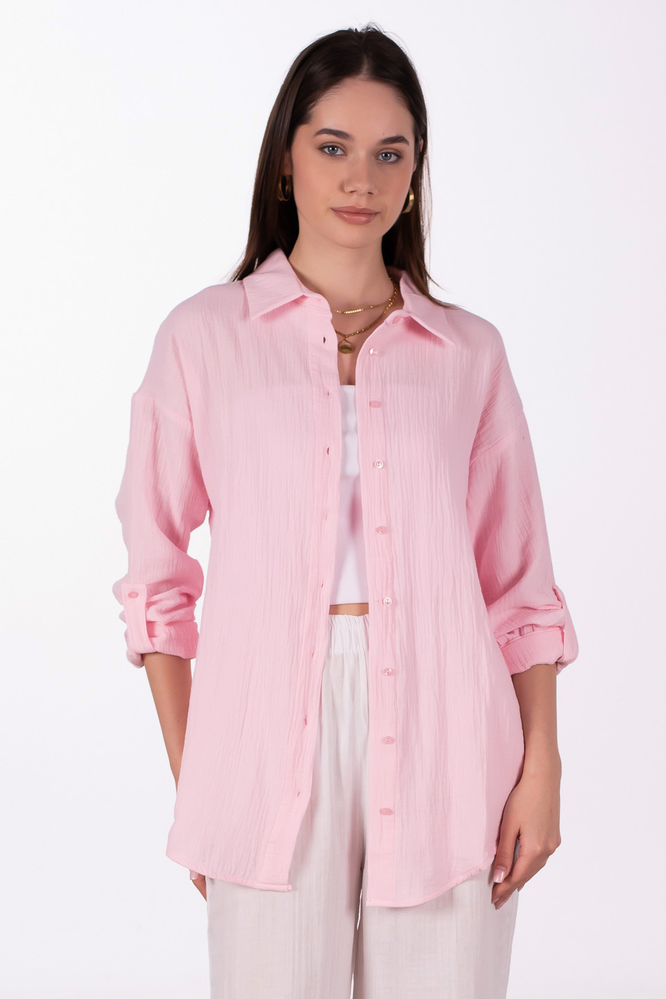 Oversize pamuklu gömlek-4806 Pembe