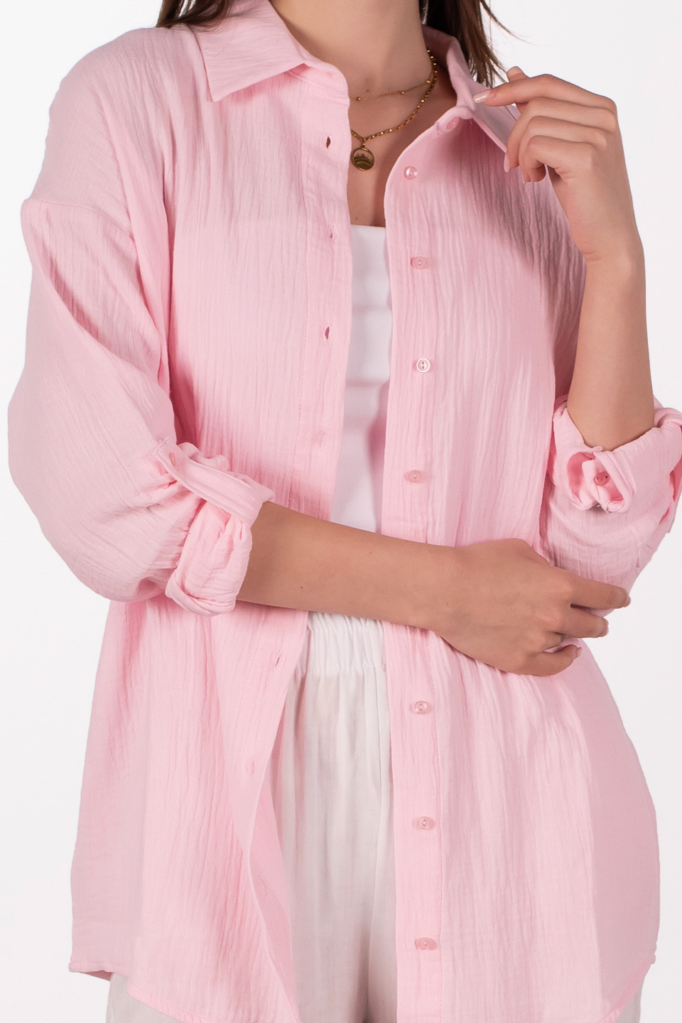 Oversize pamuklu gömlek-4806 Pembe