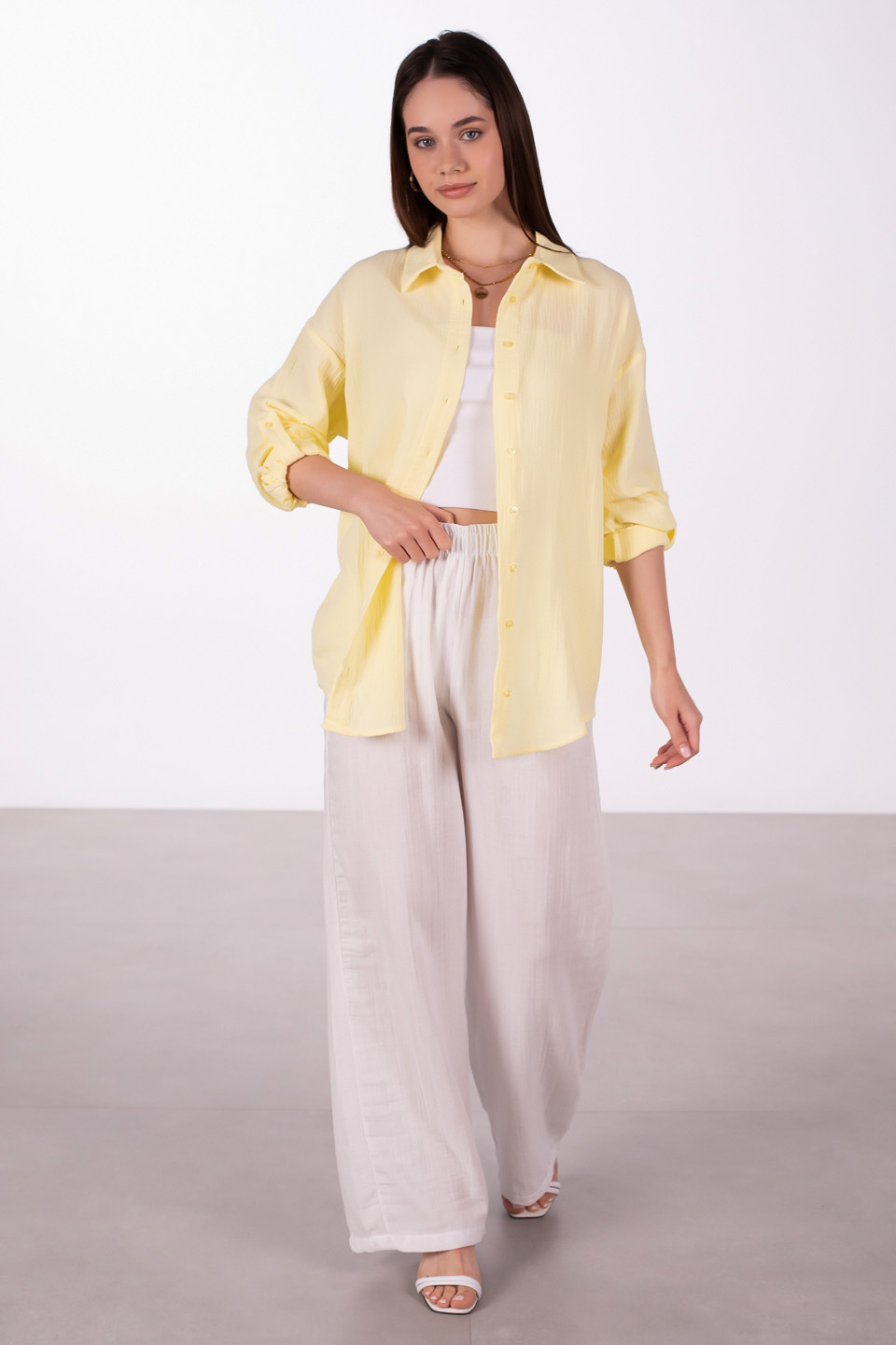 Oversize pamuklu gömlek-4806 Sarı