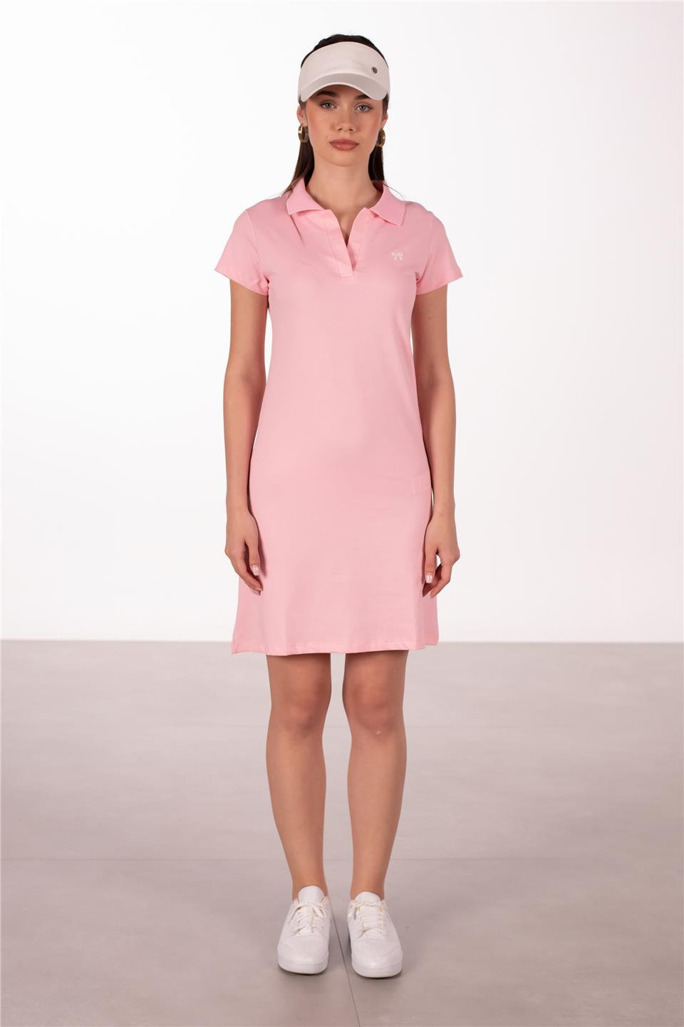 Polo yaka kısa elbise-DVN1135 Şeker Pembe