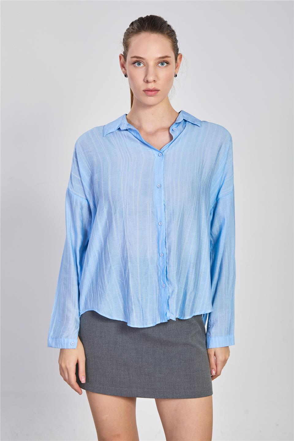 Sıena yıkamalı oversize gömlek-25-133 B.Mavi