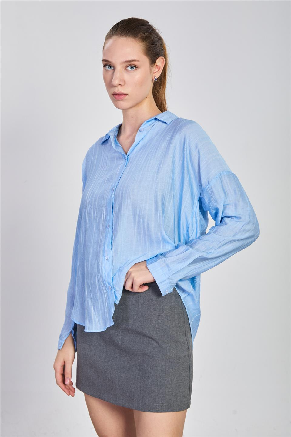 Sıena yıkamalı oversize gömlek-25-133 B.Mavi