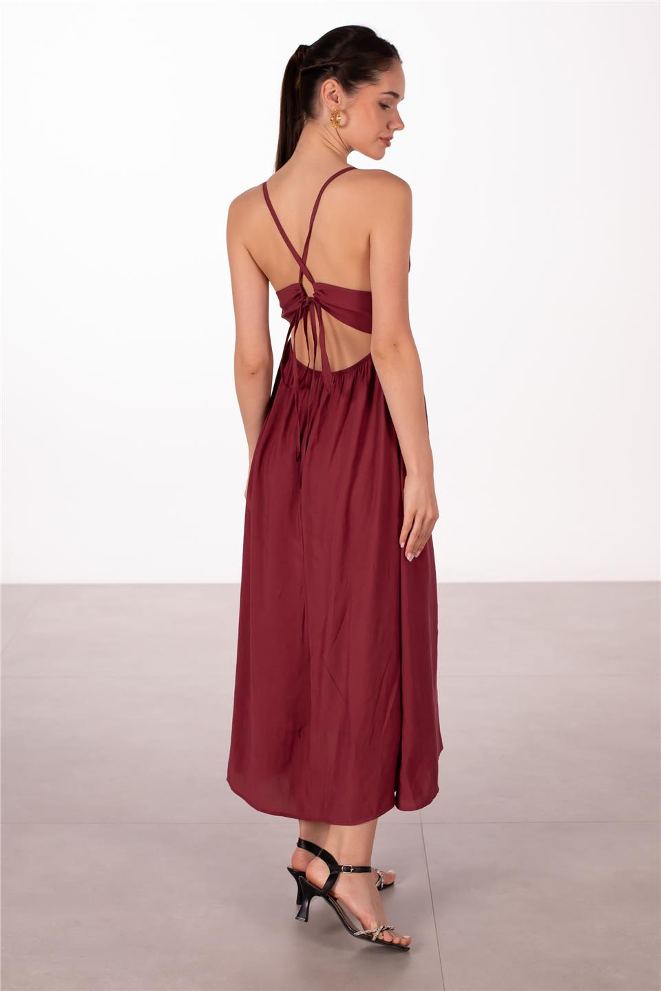 Sırt dekolteli askılı elbise-7205 Bordo