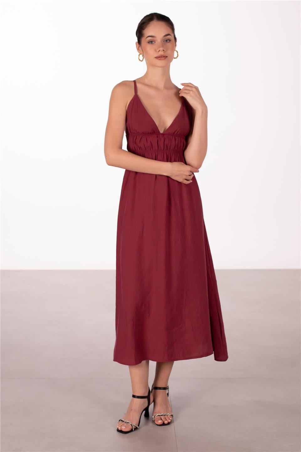 Sırt dekolteli askılı elbise-7205 Bordo