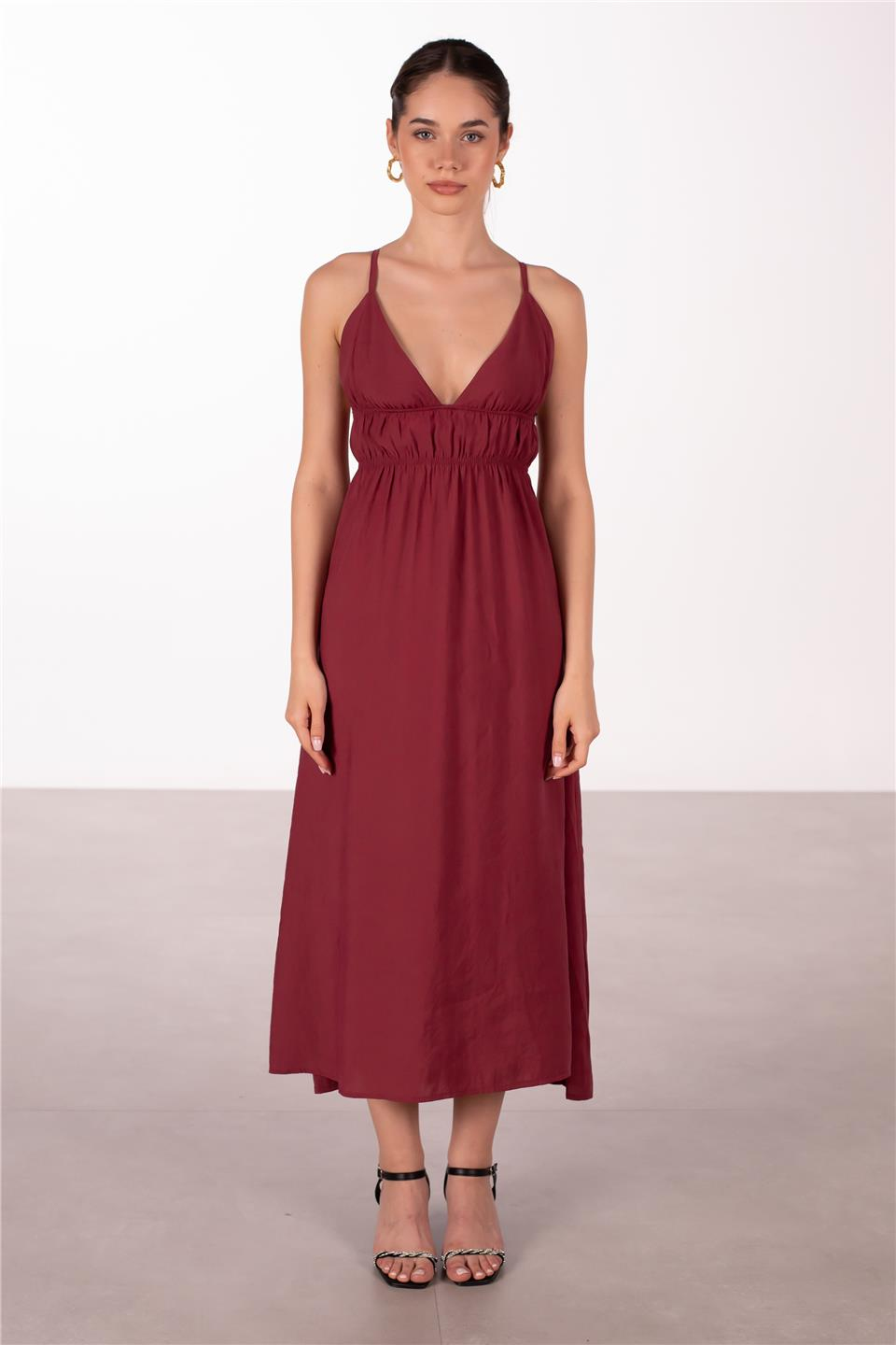 Sırt dekolteli askılı elbise-7205 Bordo