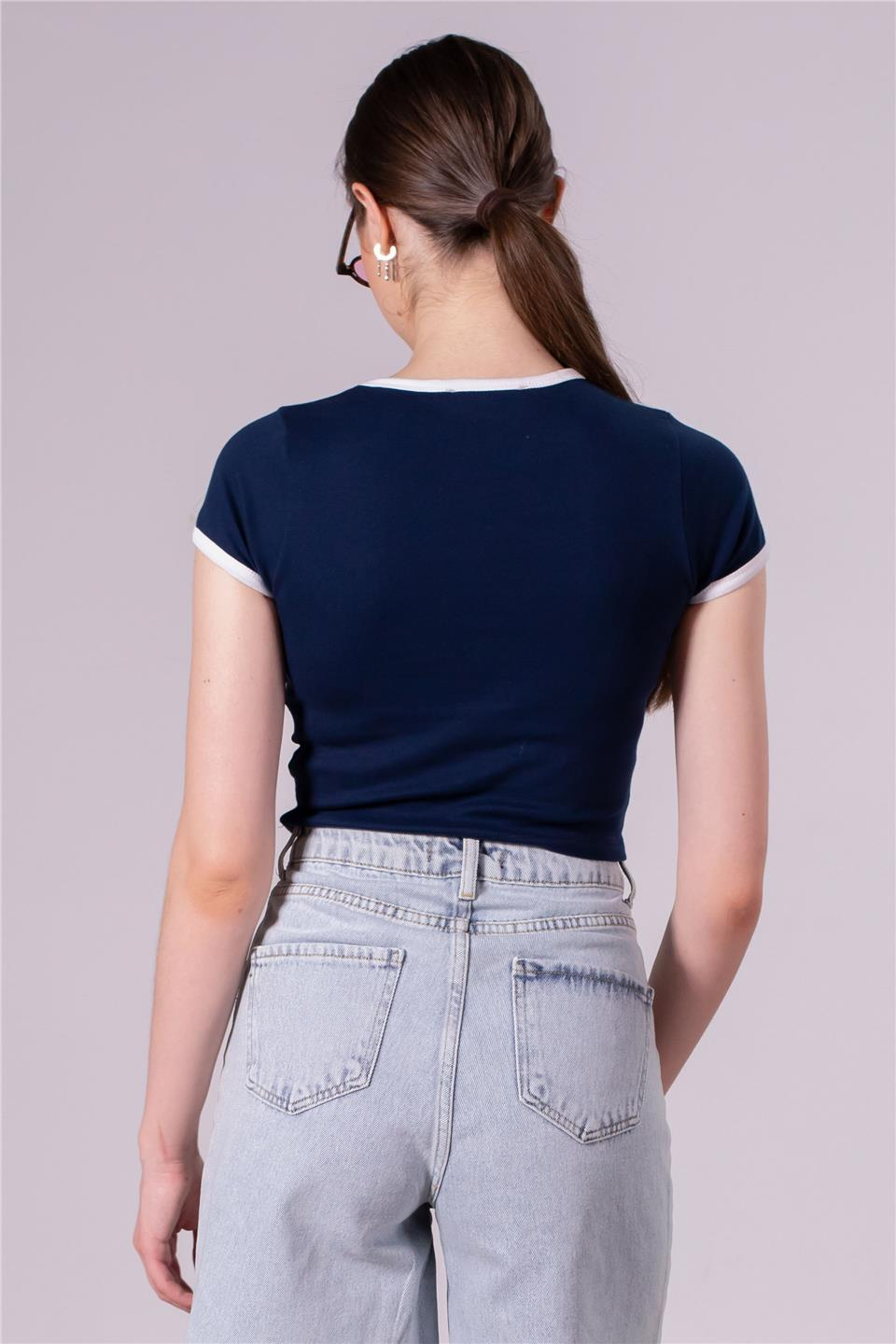 Summer yazılı crop body-DVN1043 Lacivert/Beyaz