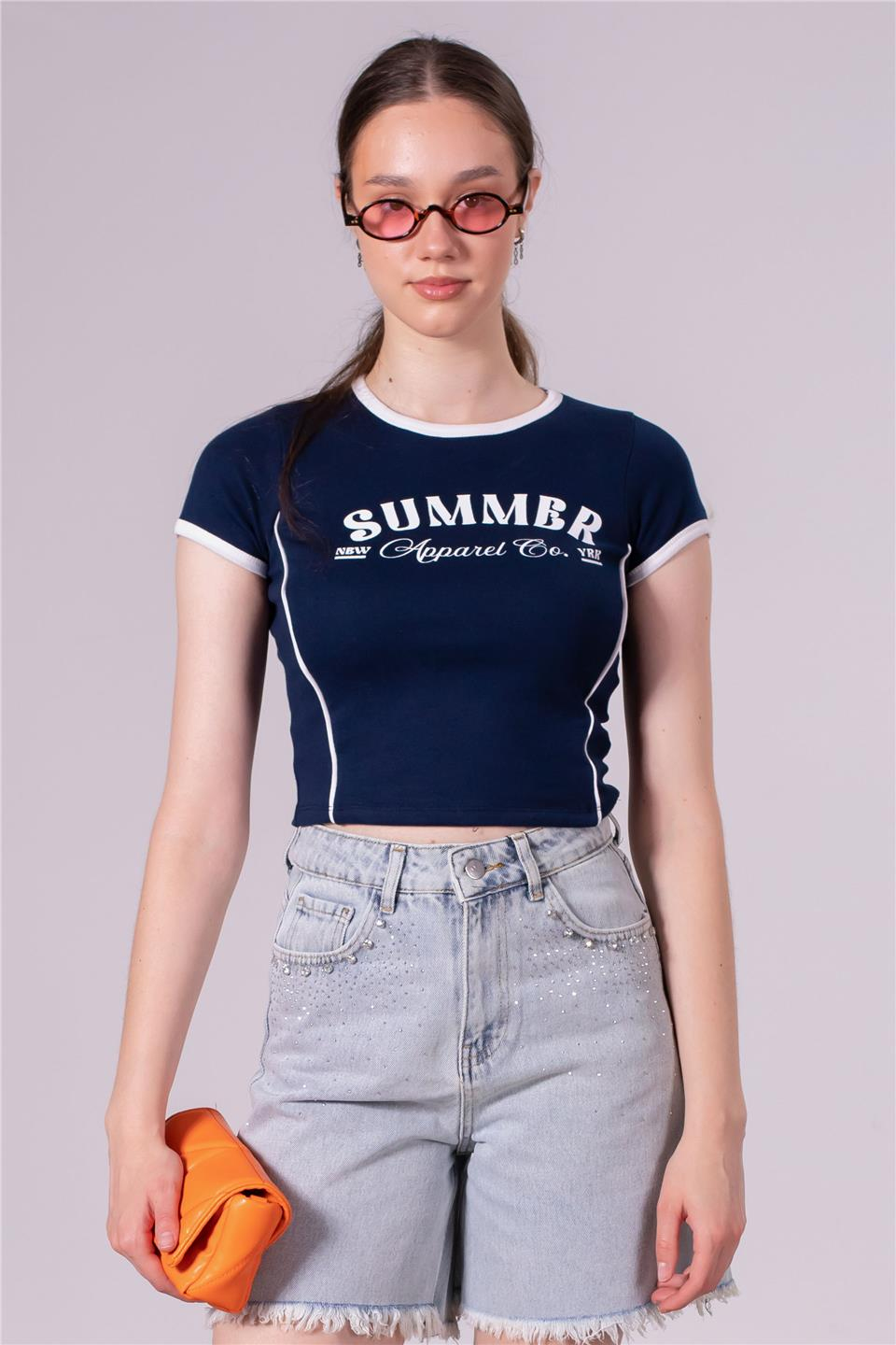 Summer yazılı crop body-DVN1043 Lacivert/Beyaz