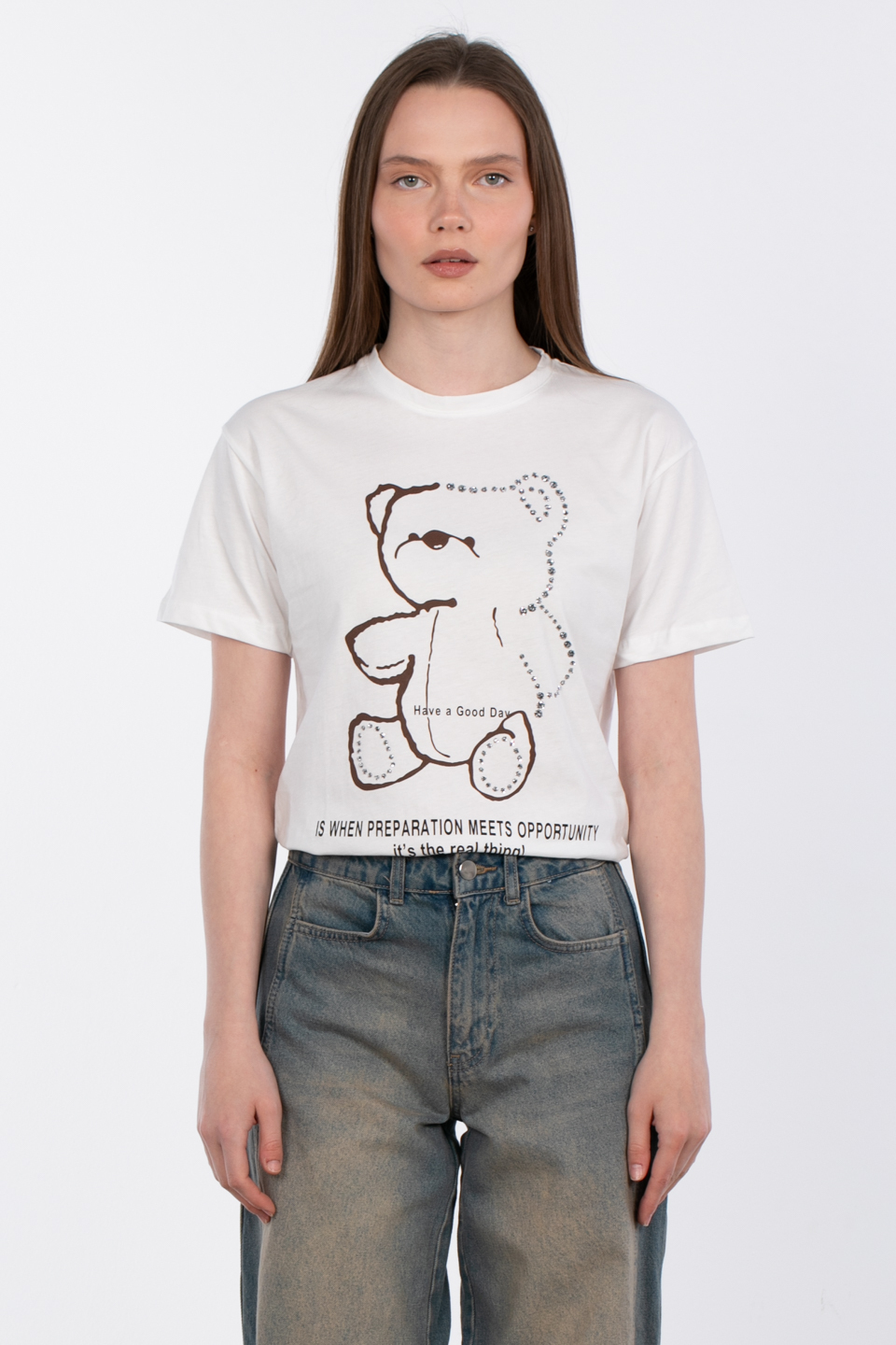 Taşlı ayı baskılı t-shirt-2504 Beyaz