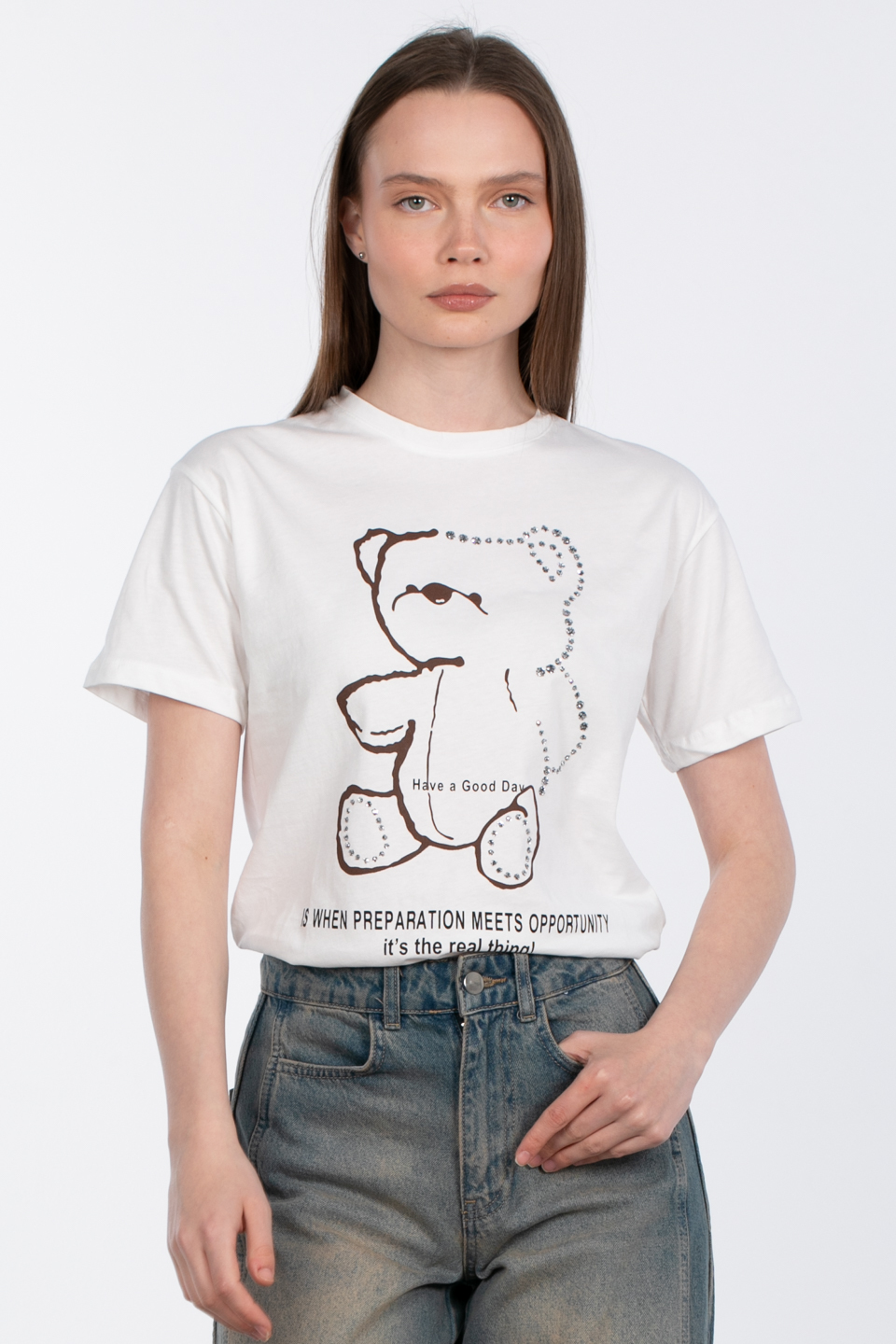 Taşlı ayı baskılı t-shirt-2504 Beyaz