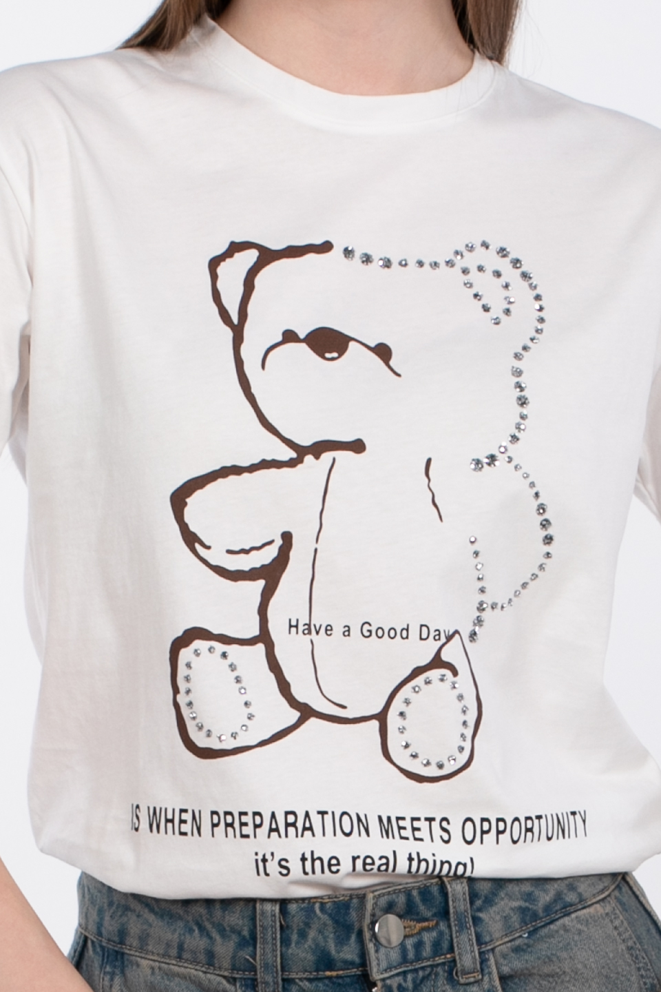 Taşlı ayı baskılı t-shirt-2504 Beyaz