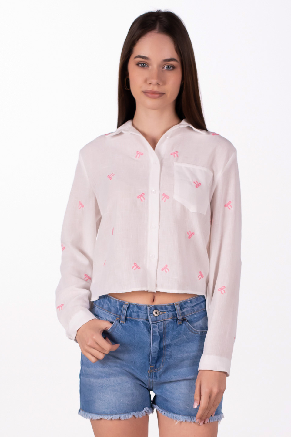 Tek cep kurdele nakışlı kısa gömlek-25-046 Pembe/Beyaz