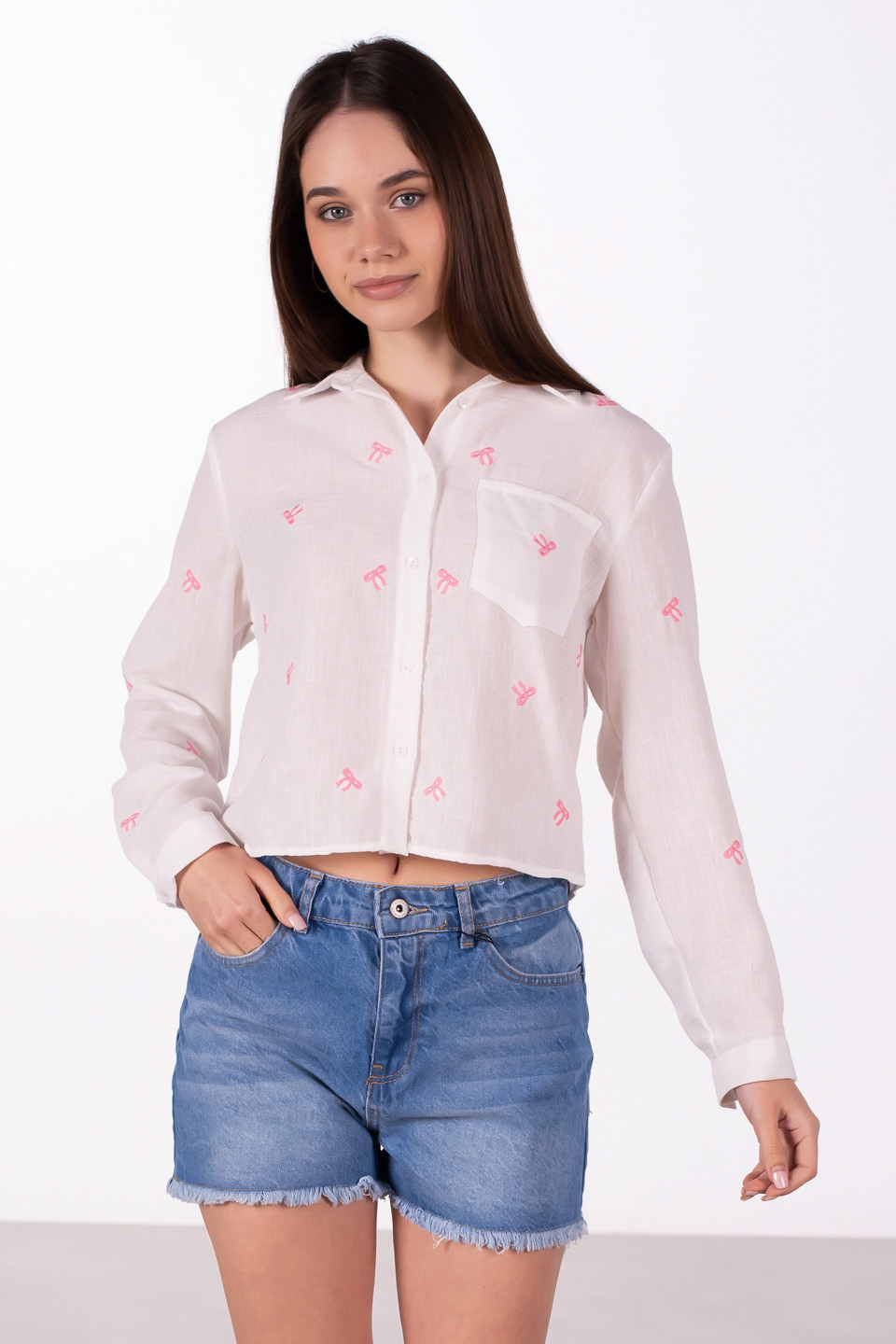 Tek cep kurdele nakışlı kısa gömlek-25-046 Pembe/Beyaz