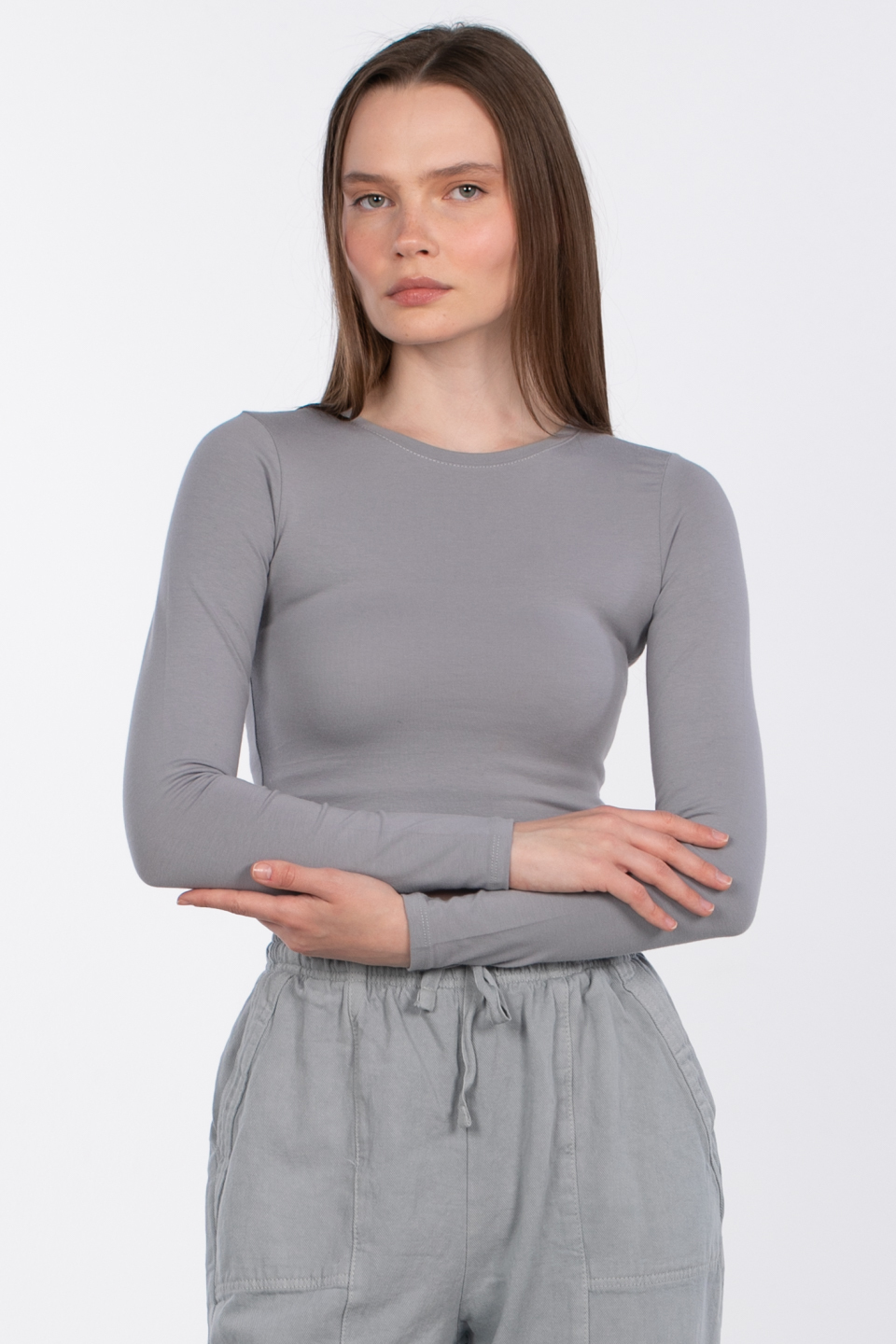 Uzun kol crop body-R990 Gri