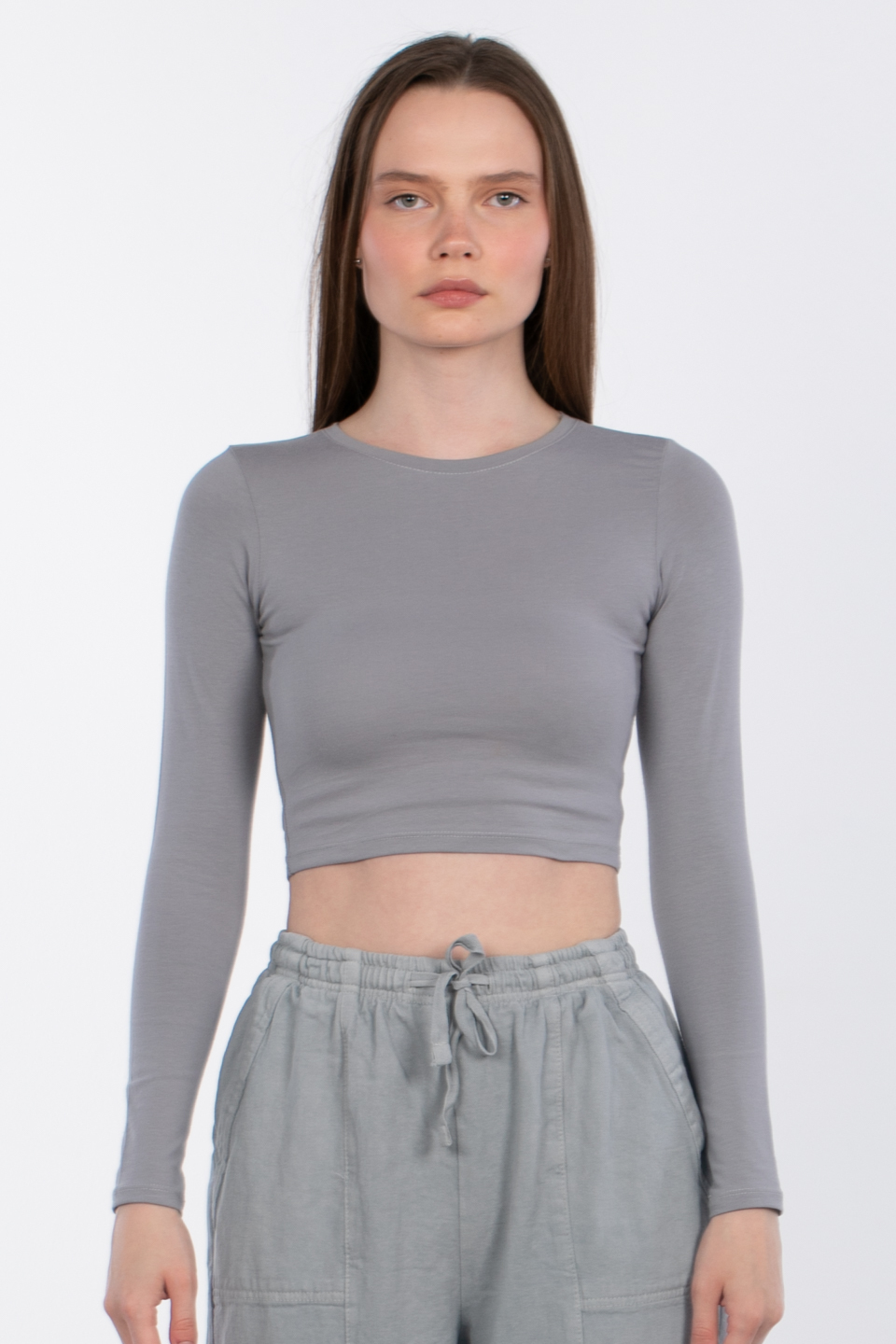 Uzun kol crop body-R990 Gri