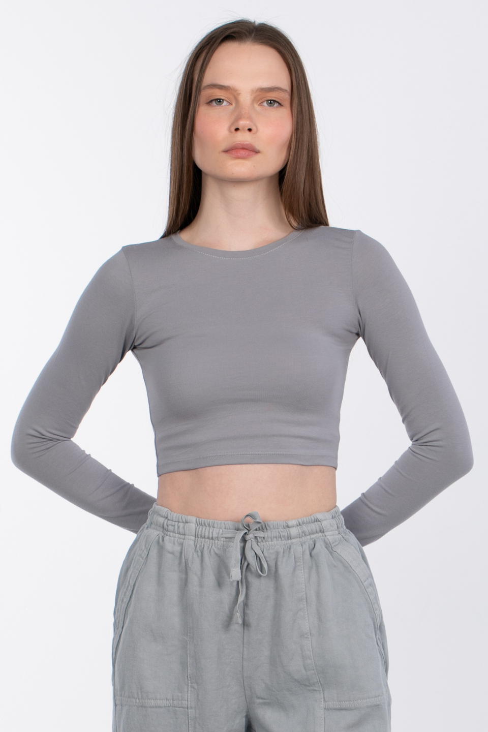 Uzun kol crop body-R990 Gri