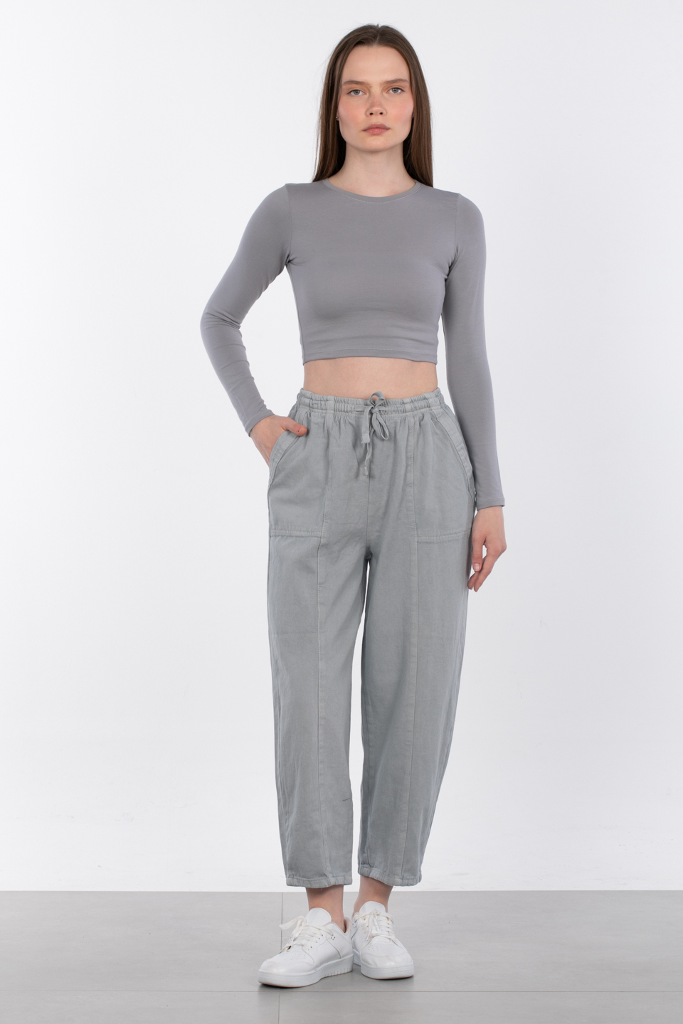 Uzun kol crop body-R990 Gri