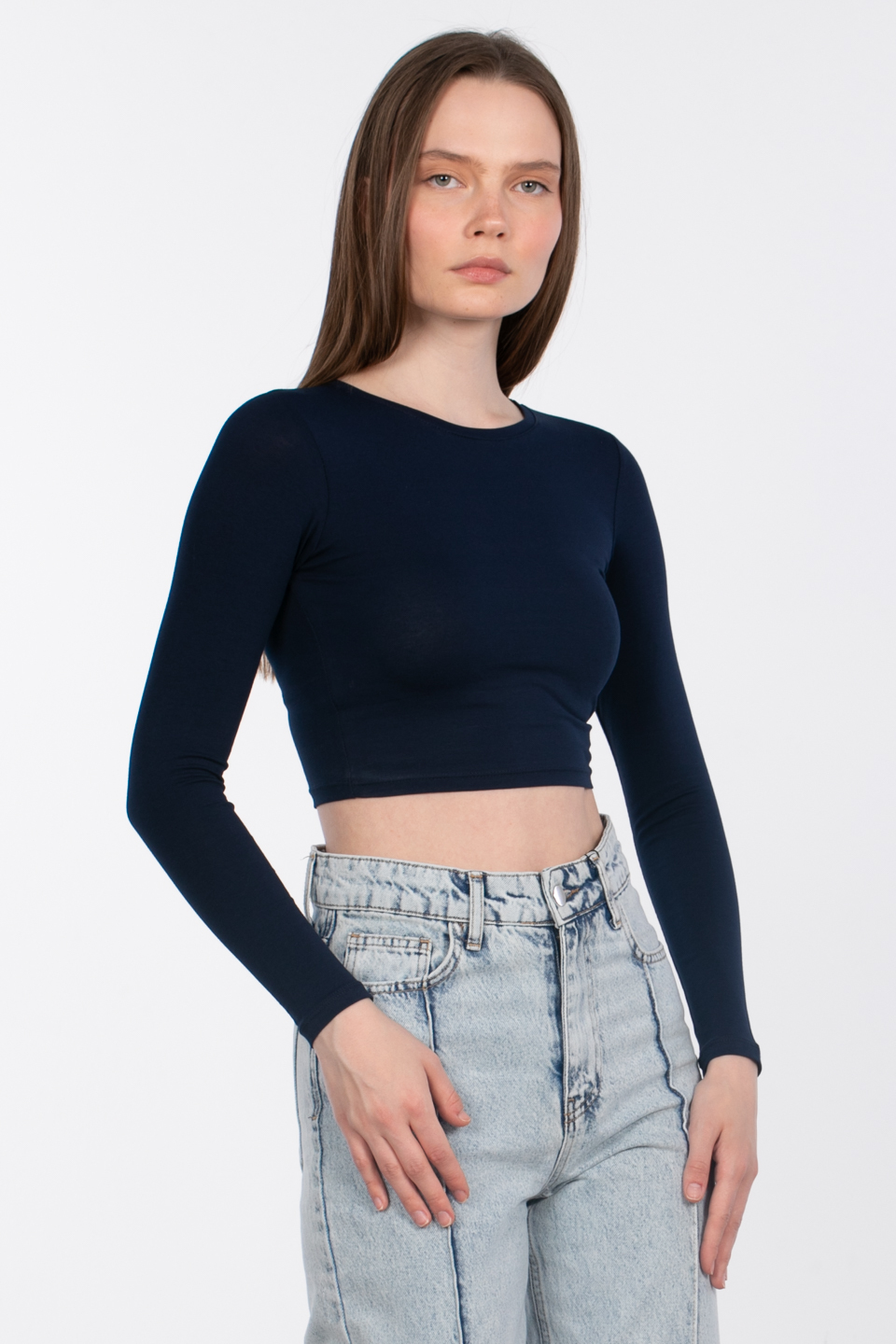 Uzun kol crop body-R990 Lacivert