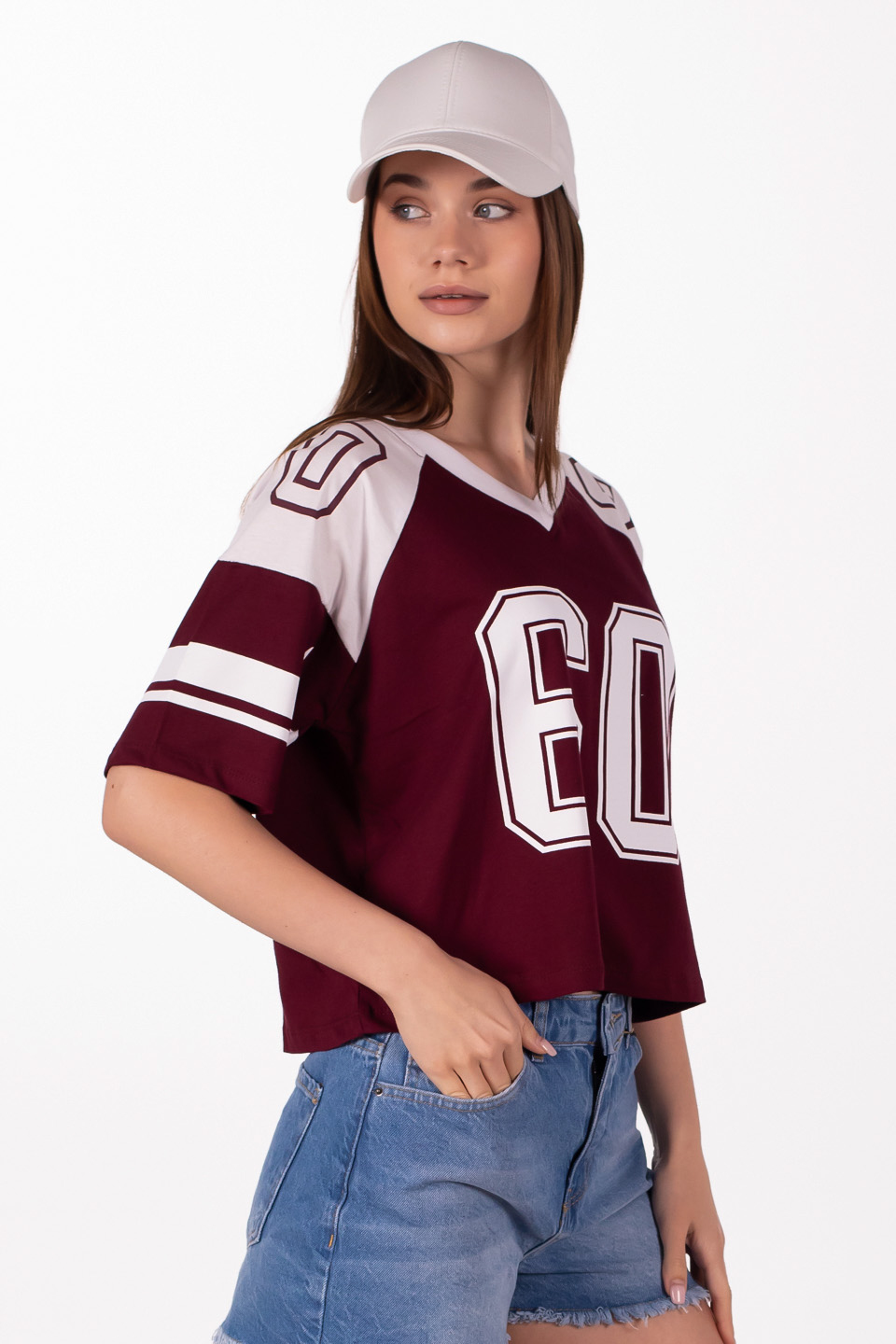 V yaka ön ve arka baskılı t-shirt-83-962 Bordo