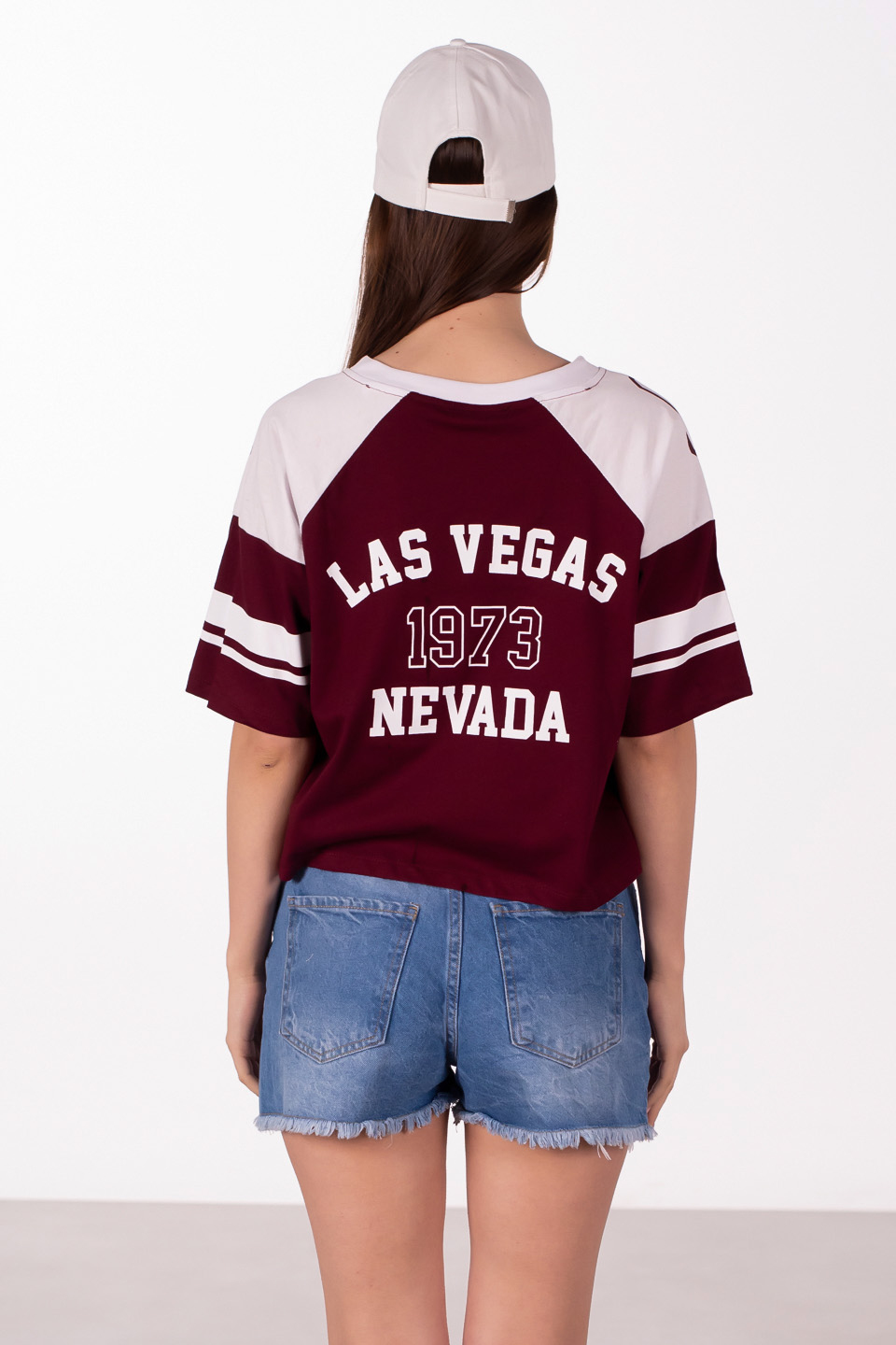 V yaka ön ve arka baskılı t-shirt-83-962 Bordo