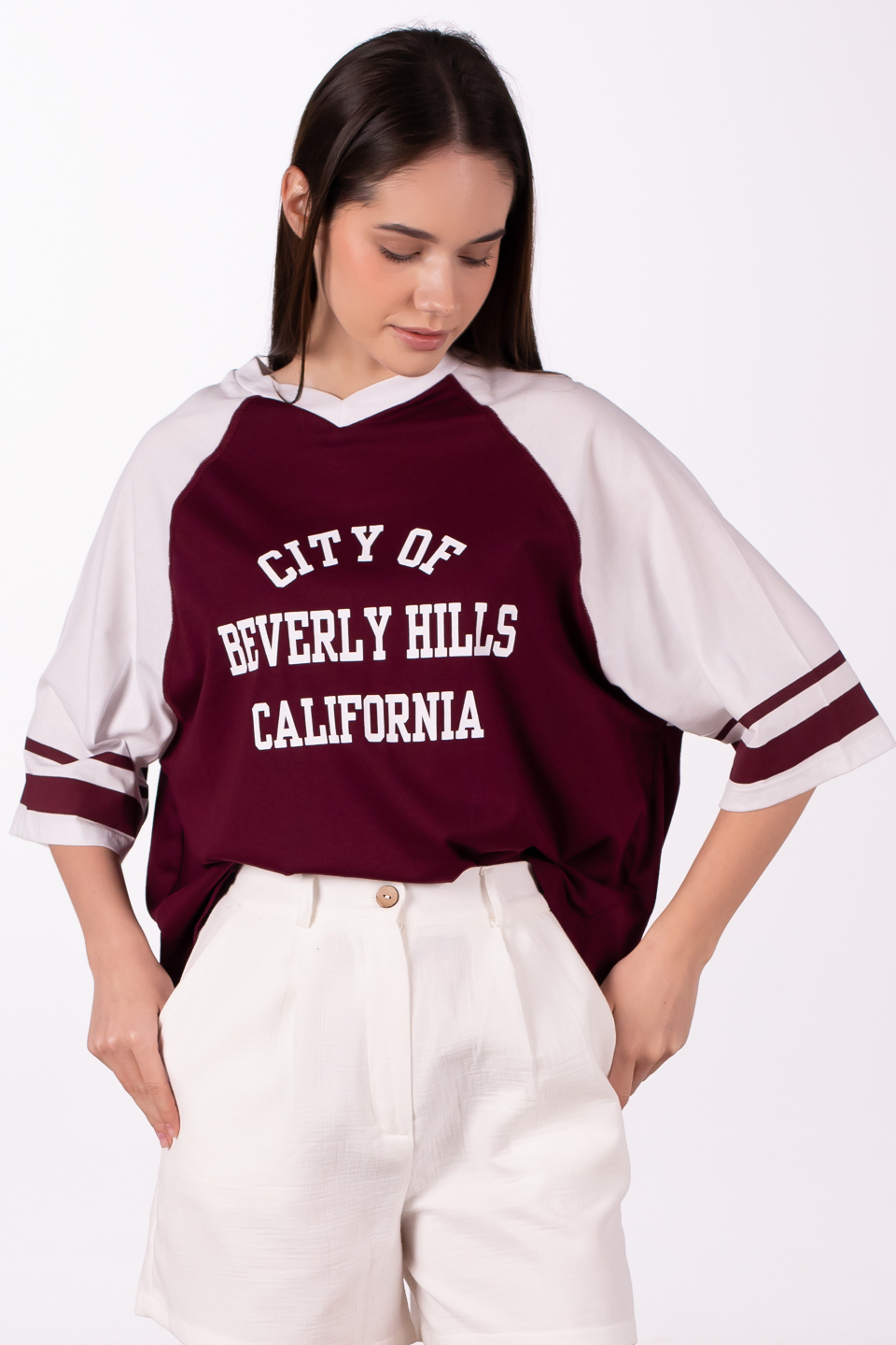 V yaka yazı baskılı oversize t-shirt-4264 Bordo