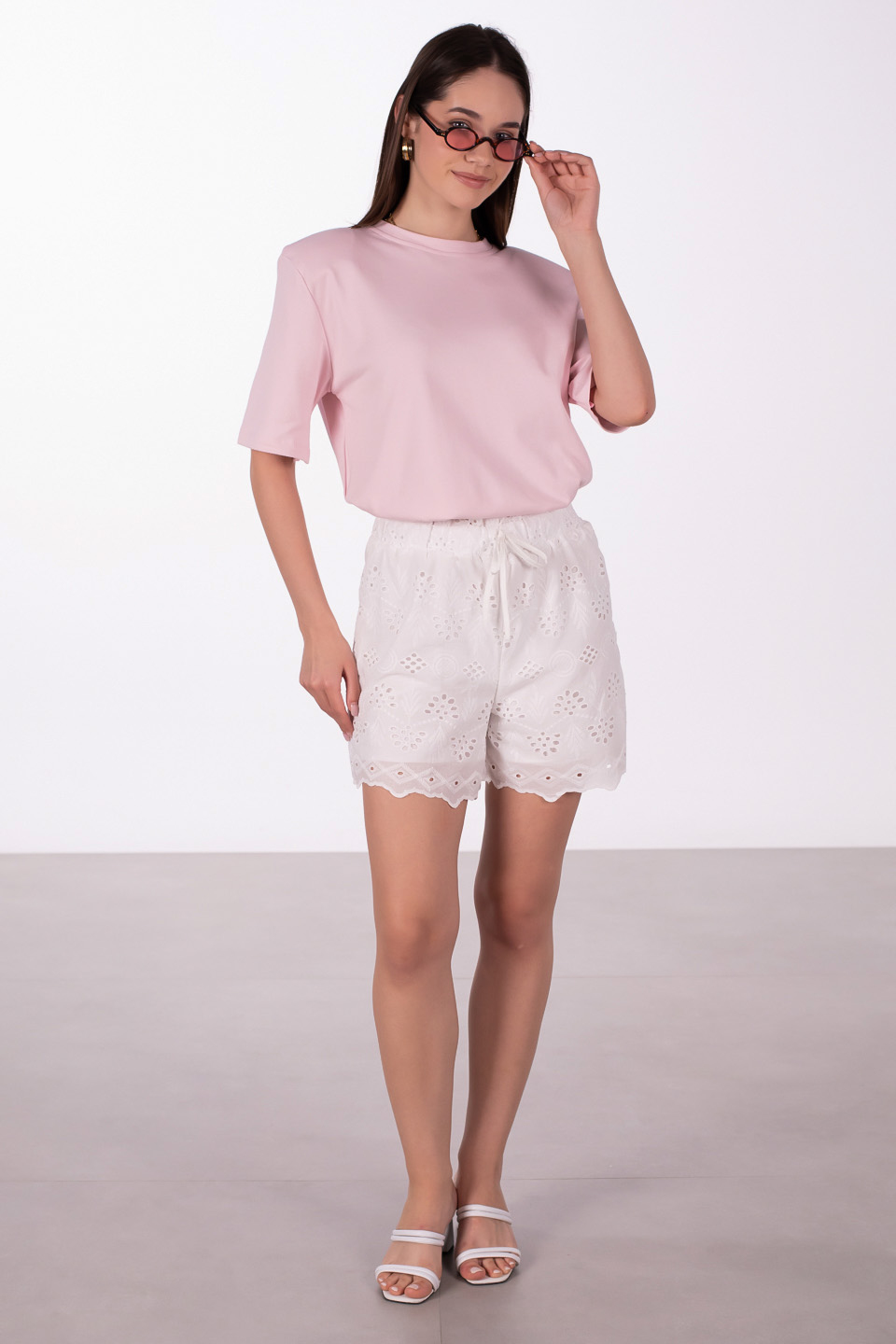 Vatkalı kısa kol t-shirt-5517 Açık Pembe