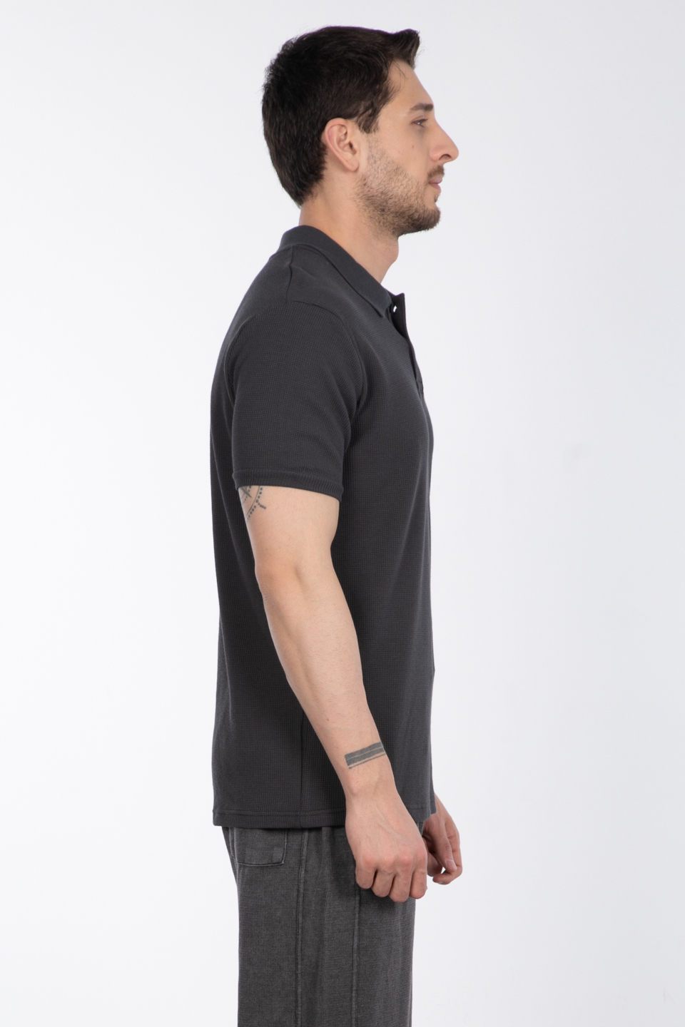 Waffle Polo Yaka T-Shirt - Antrasit
