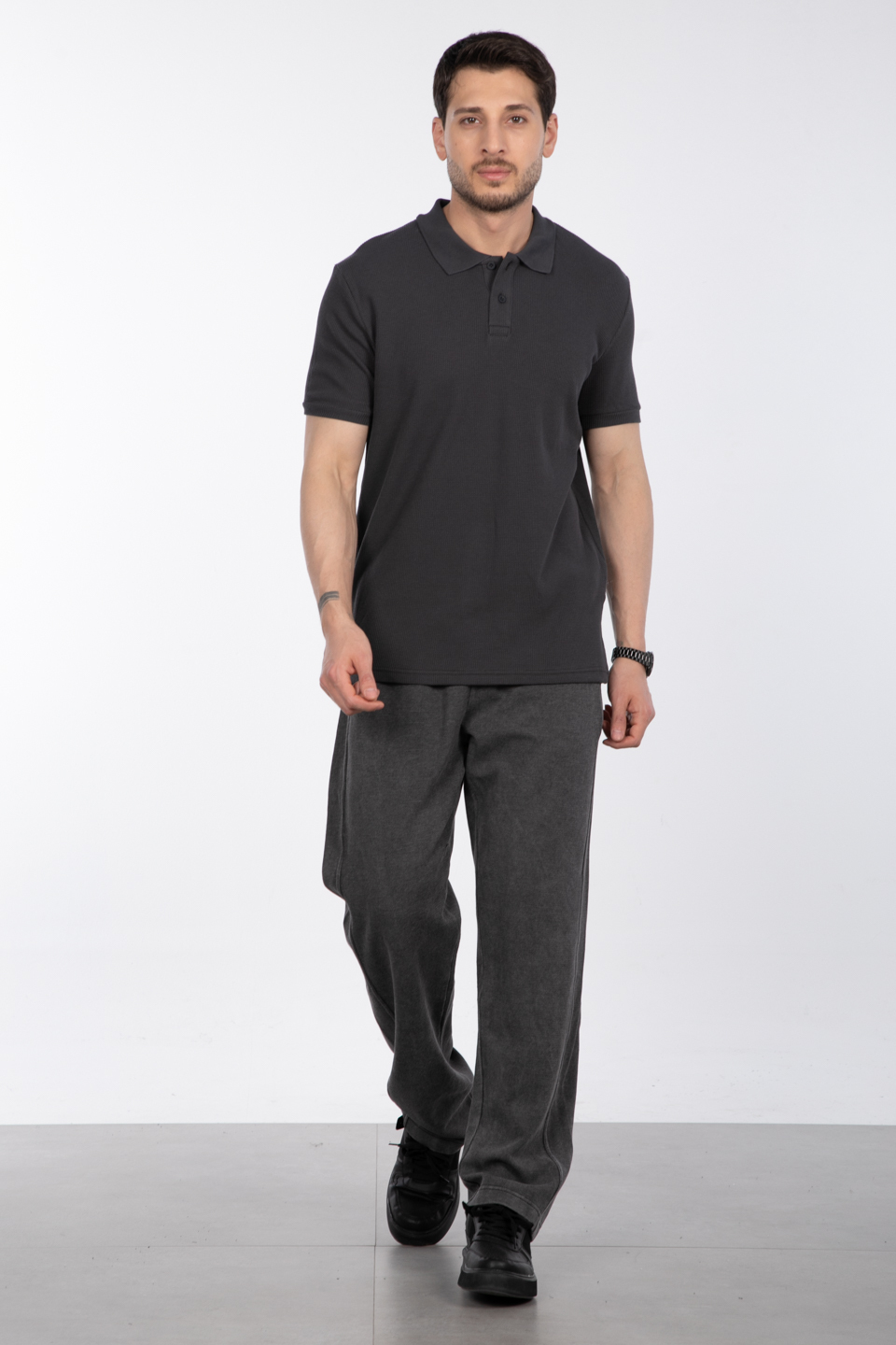 Waffle Polo Yaka T-Shirt - Antrasit