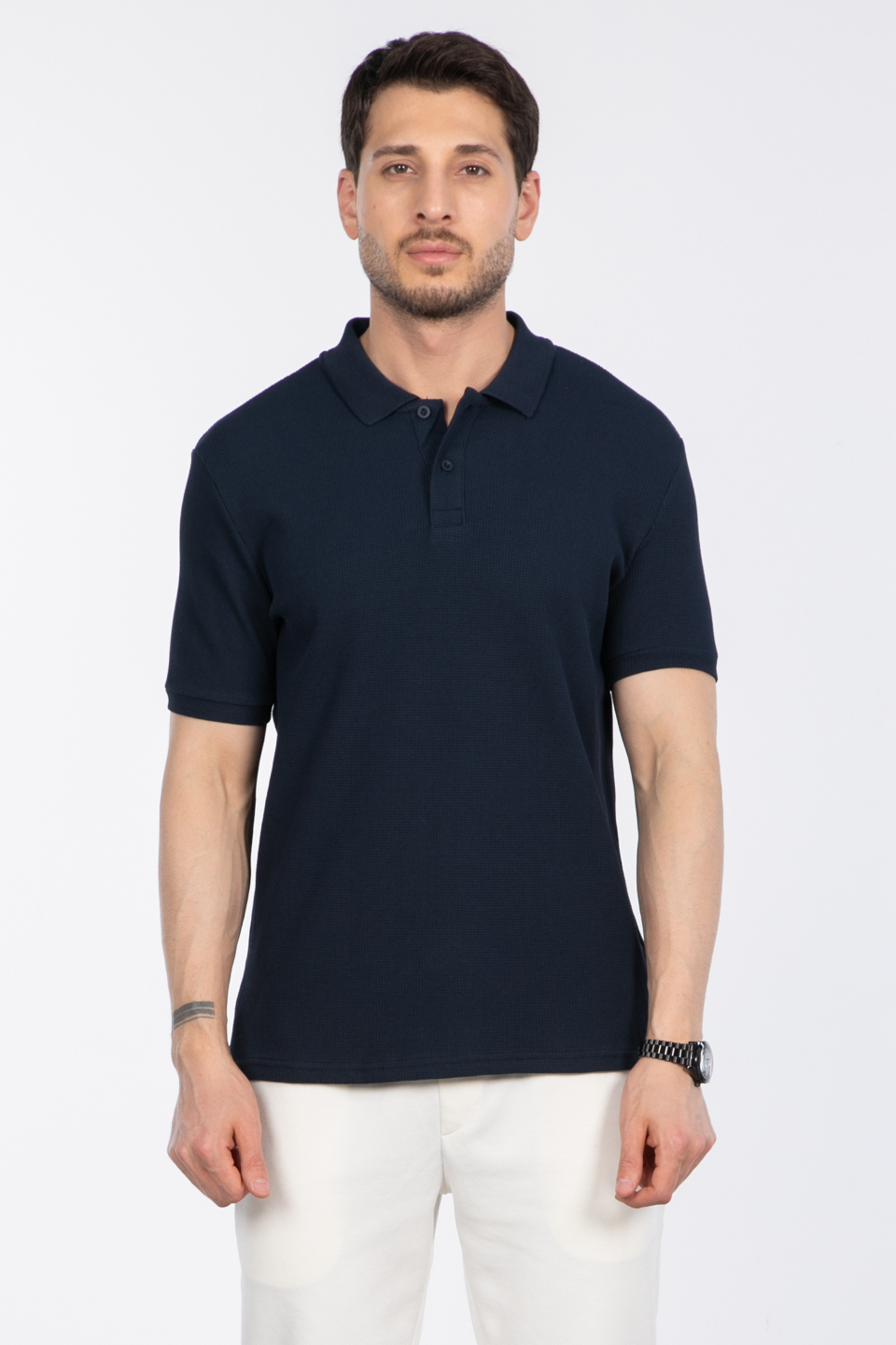 Waffle Polo Yaka T-Shirt - İndigo