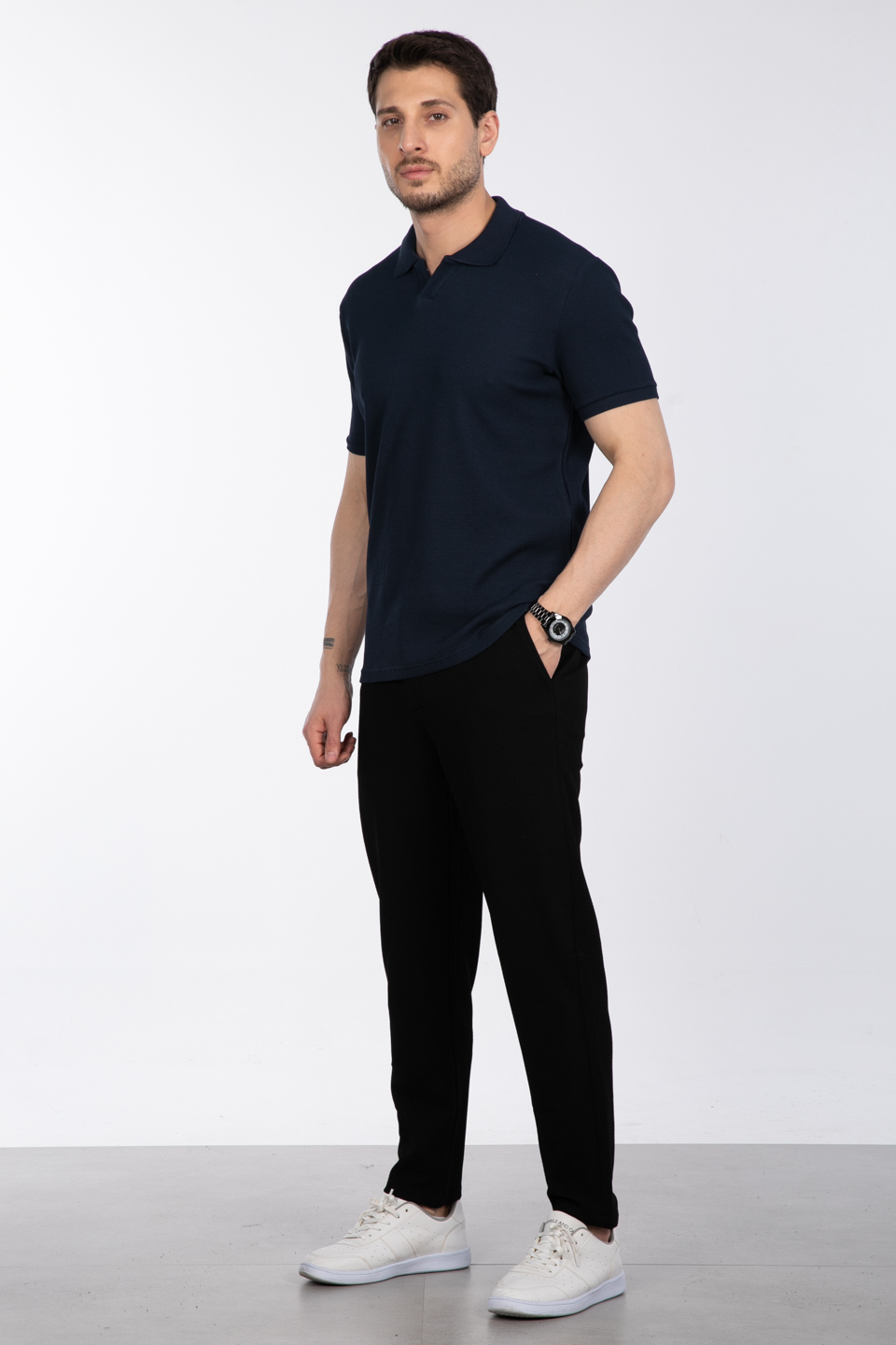 Waffle yakalı t-shirt-2645 İndigo