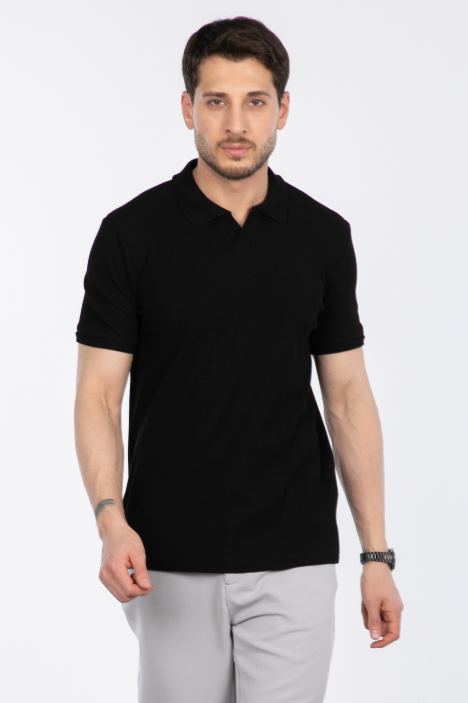 Waffle yakalı t-shirt-2645 Siyah
