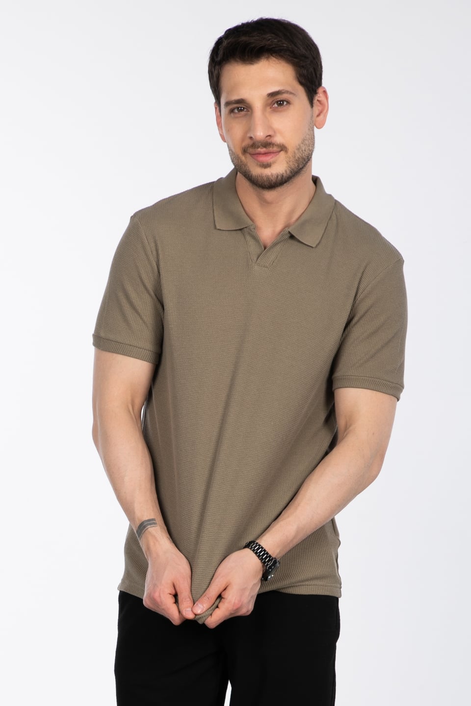 Waffle yakalı t-shirt-2645 V.Yeşil