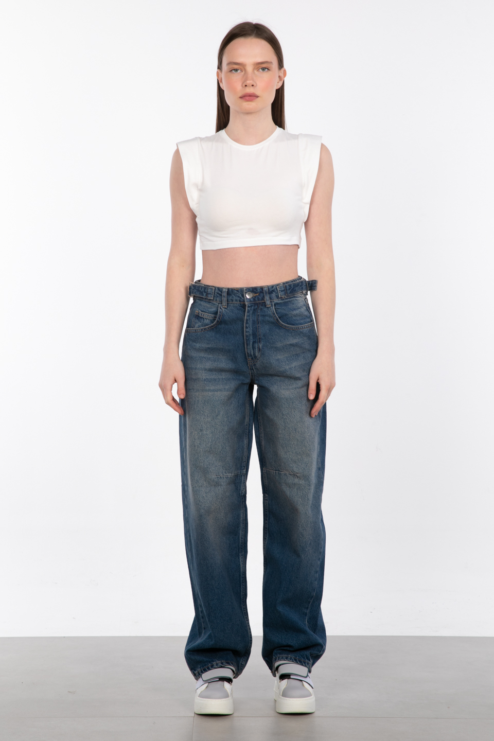 Yanları tokalı baggy jean pantolon-25-1003 Kahve Tint