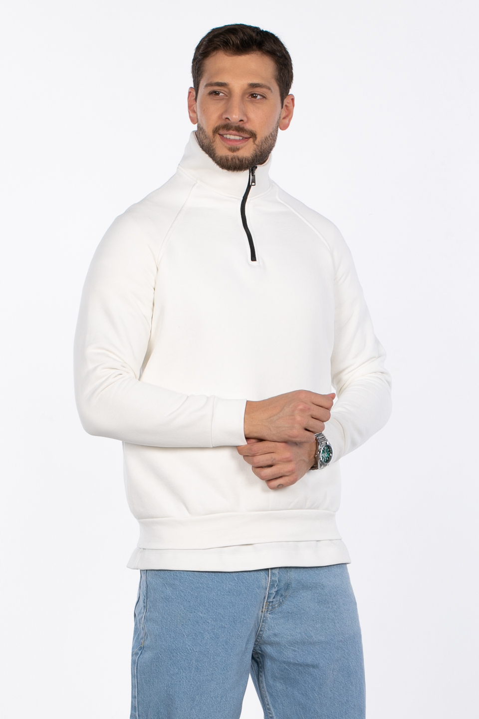 Yarım fermuarlı dik yaka sweat-5759 Ekru