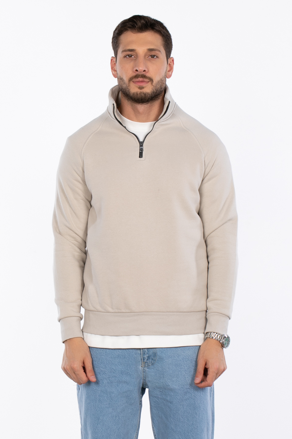 Yarım fermuarlı dik yaka sweat-5759 Taş