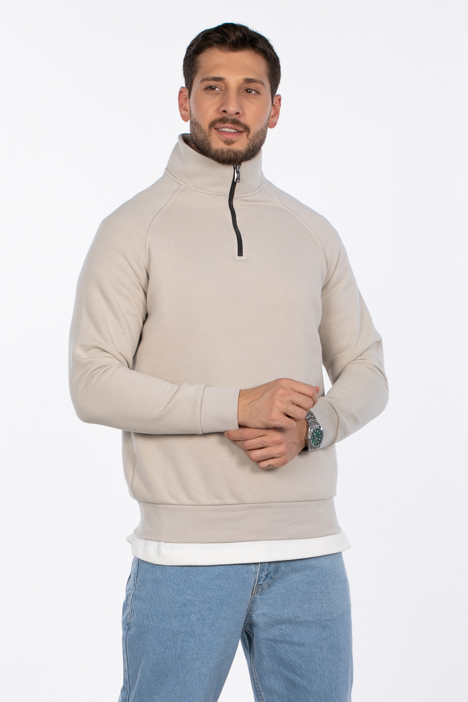 Yarım fermuarlı dik yaka sweat-5759 Taş