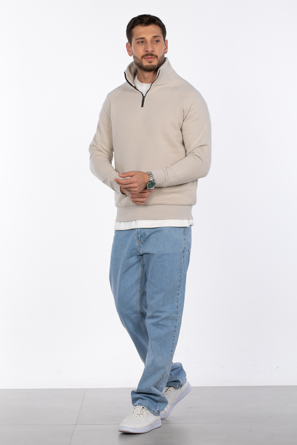 Yarım fermuarlı dik yaka sweat-5759 Taş