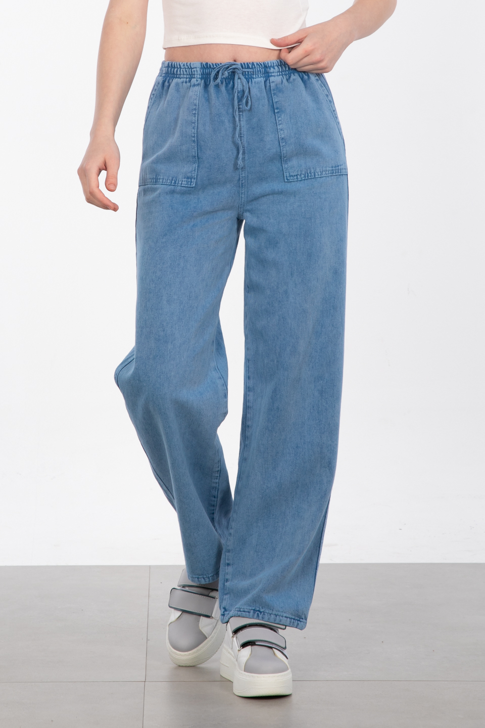 Yıkamalı bol paça pantolon-6908 O.Mavi