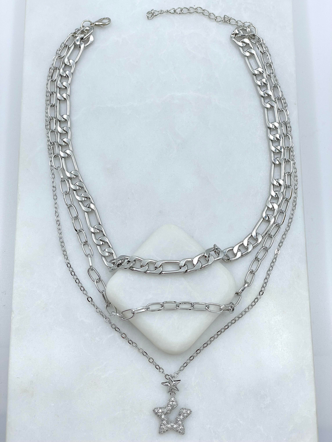 Altın Kaplama Yıldız Sallantılı Üçlü Zincir Kolye Gümüş