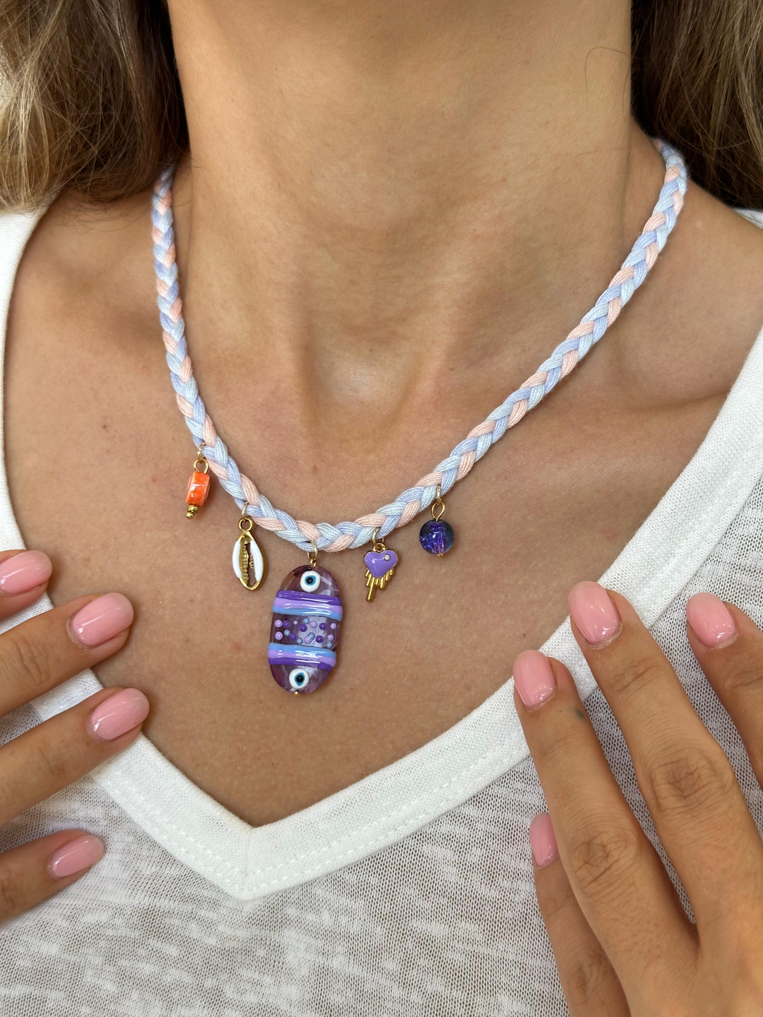 Çelik Cam Boncuk Sallantılı Lila Örgü İp Kolye Gold