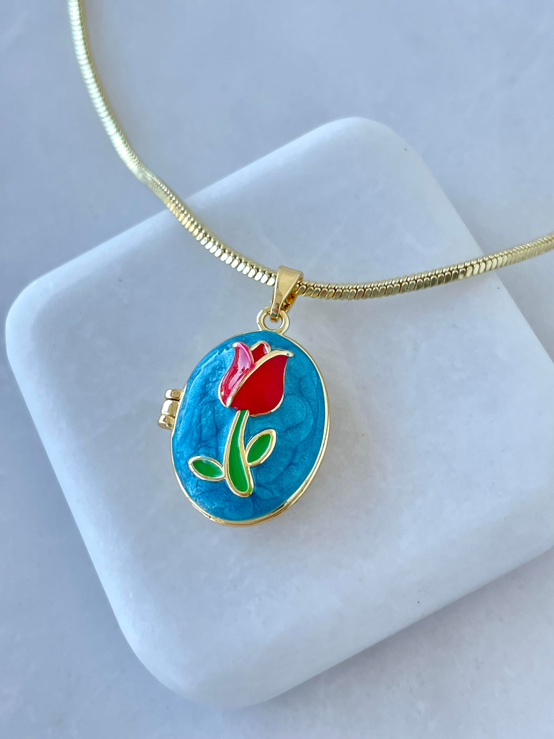 Altın Kaplama Mineli Kapaklı Lale Model Kolye Mavi