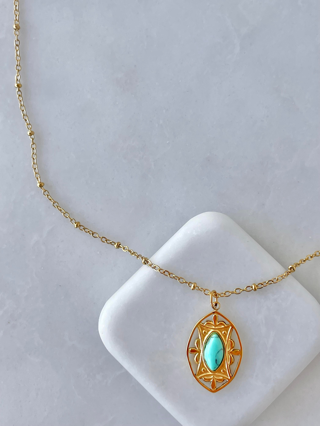 Çelik Etnik Turkuaz Doğal Taşlı Topçuk Zincir Kolye Gold