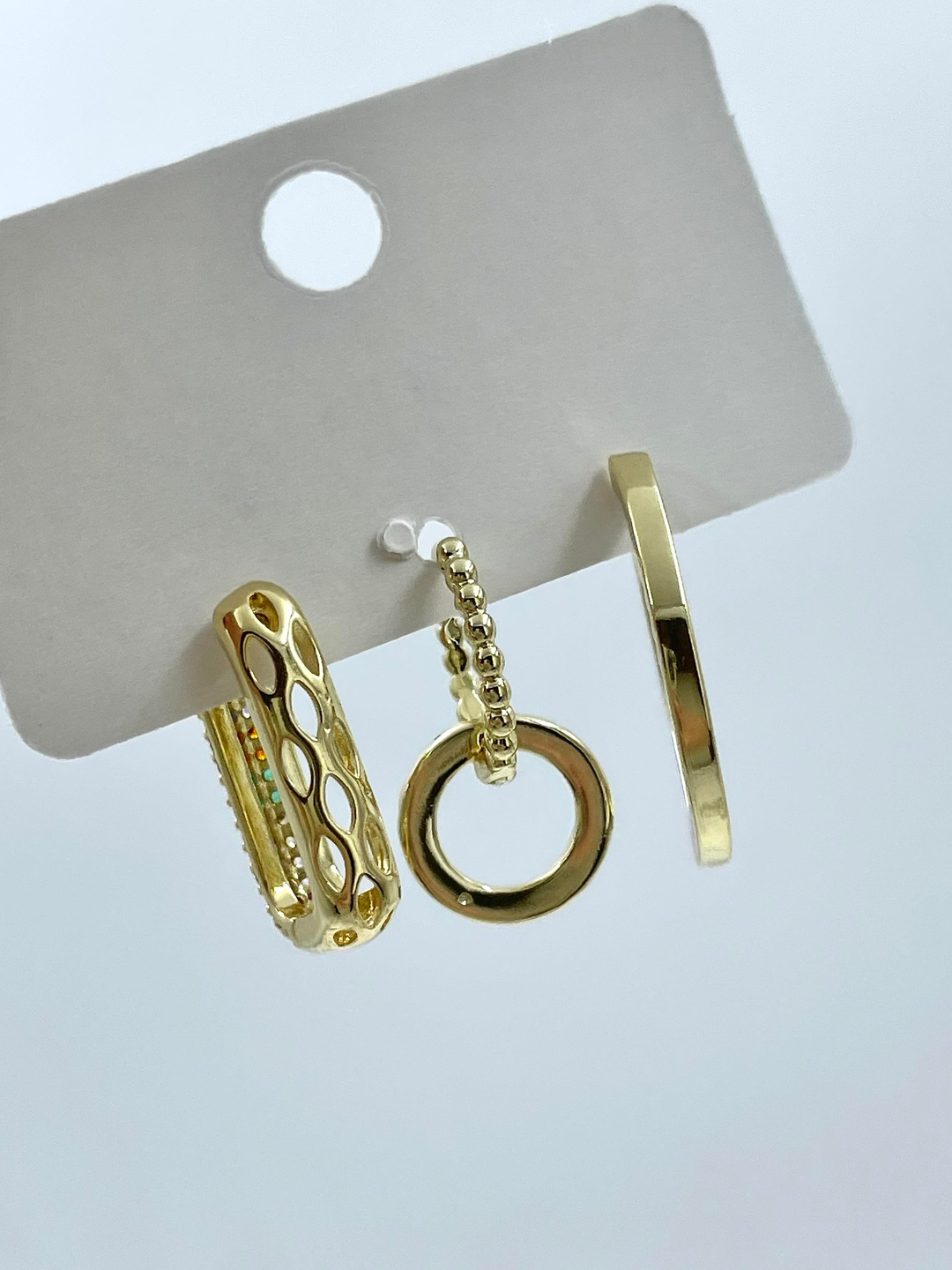 Altın Kaplama Üçlü Renkli Taşlı Halka ve Dikdörtgen Set Küpe Gold