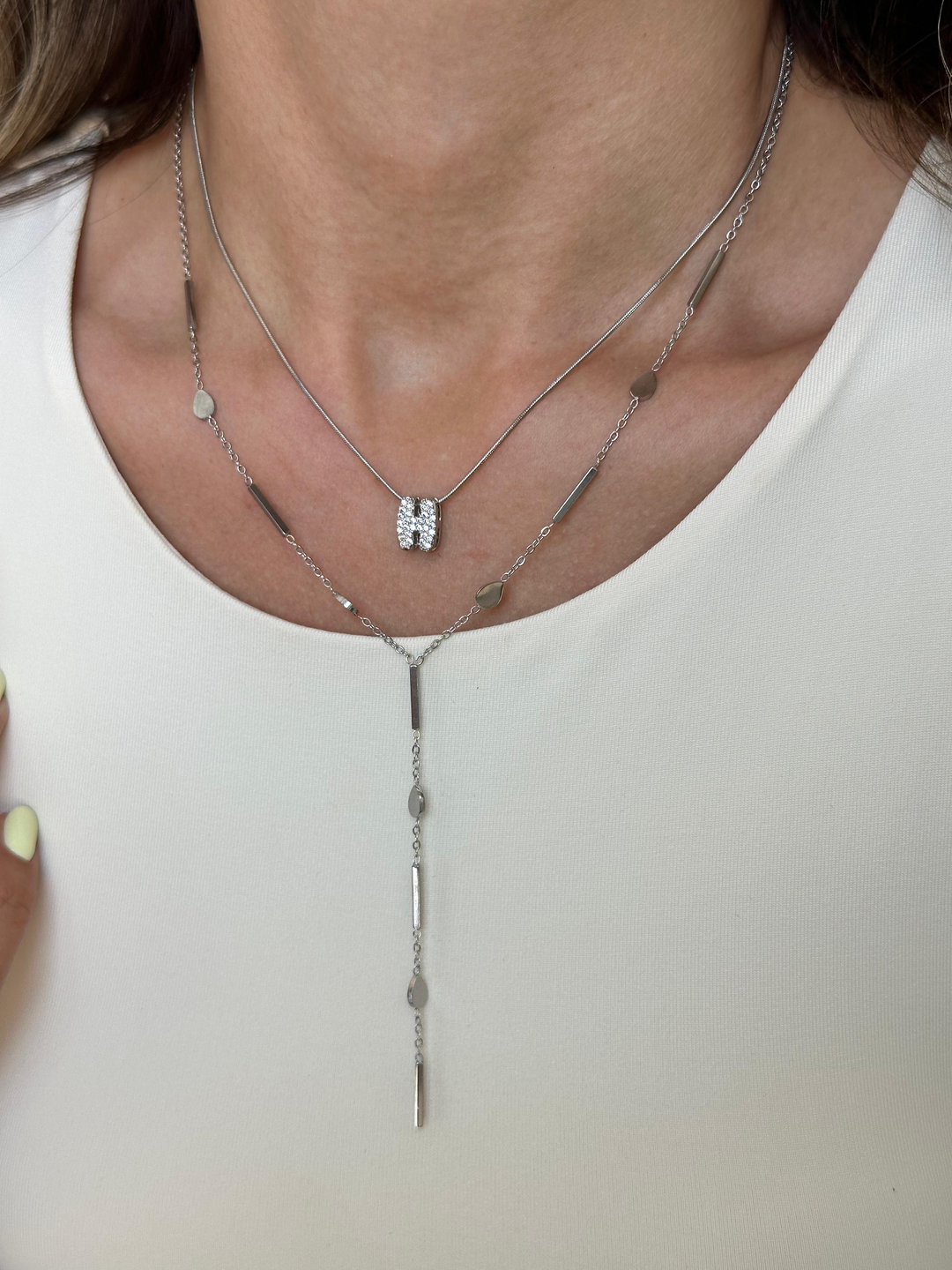 Çelik Gömme Taşlı Harf Kolye Gümüş