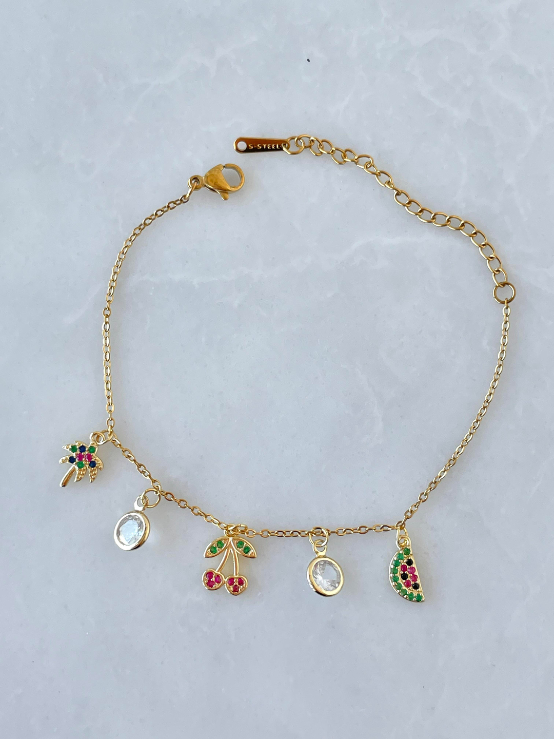 Çelik Renkli Kiraz ve Karpuz Sallantılı Bileklik Gold