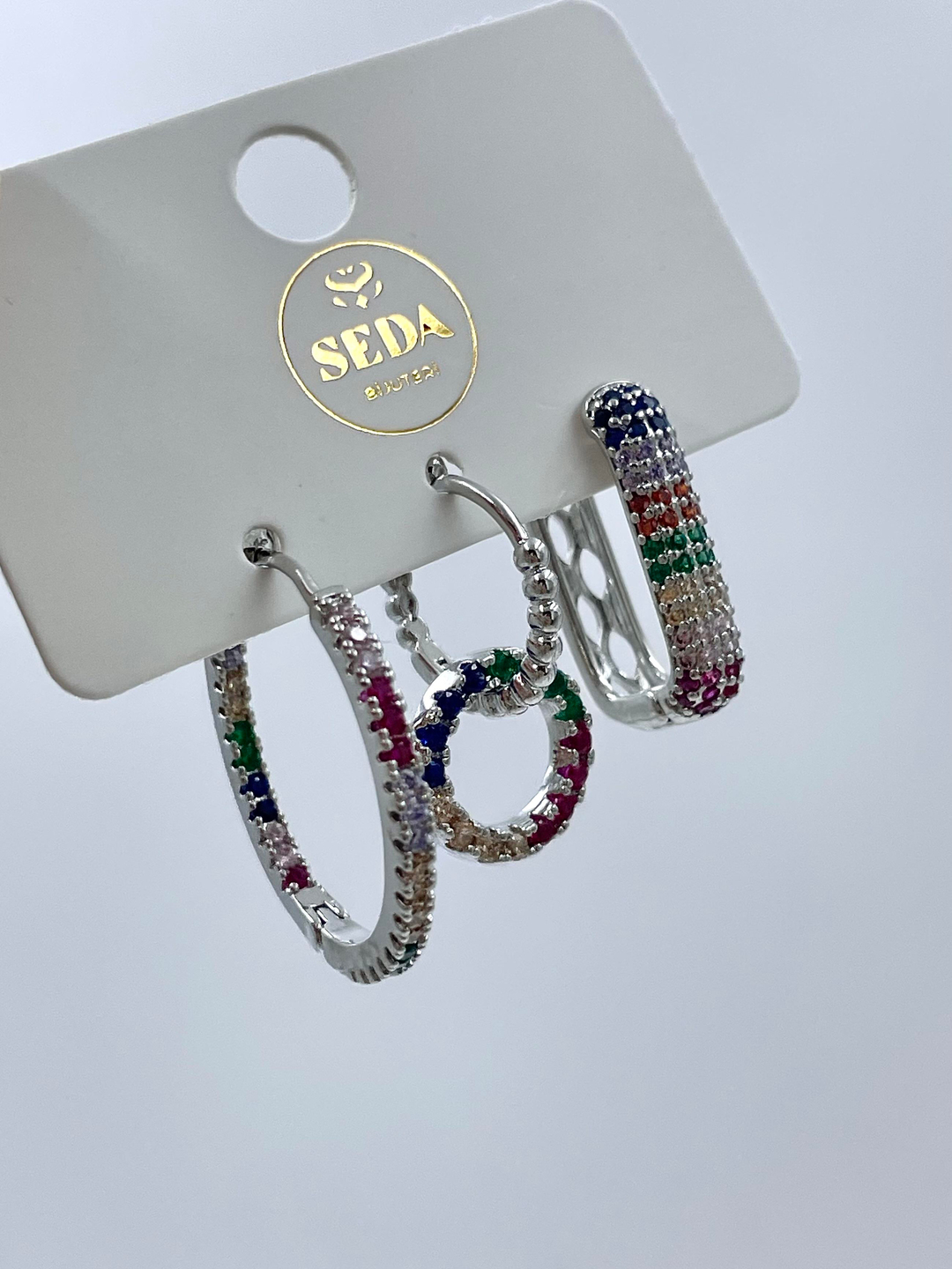 Altın Kaplama Üçlü Renkli Taşlı Halka ve Dikdörtgen Set Küpe Gümüş