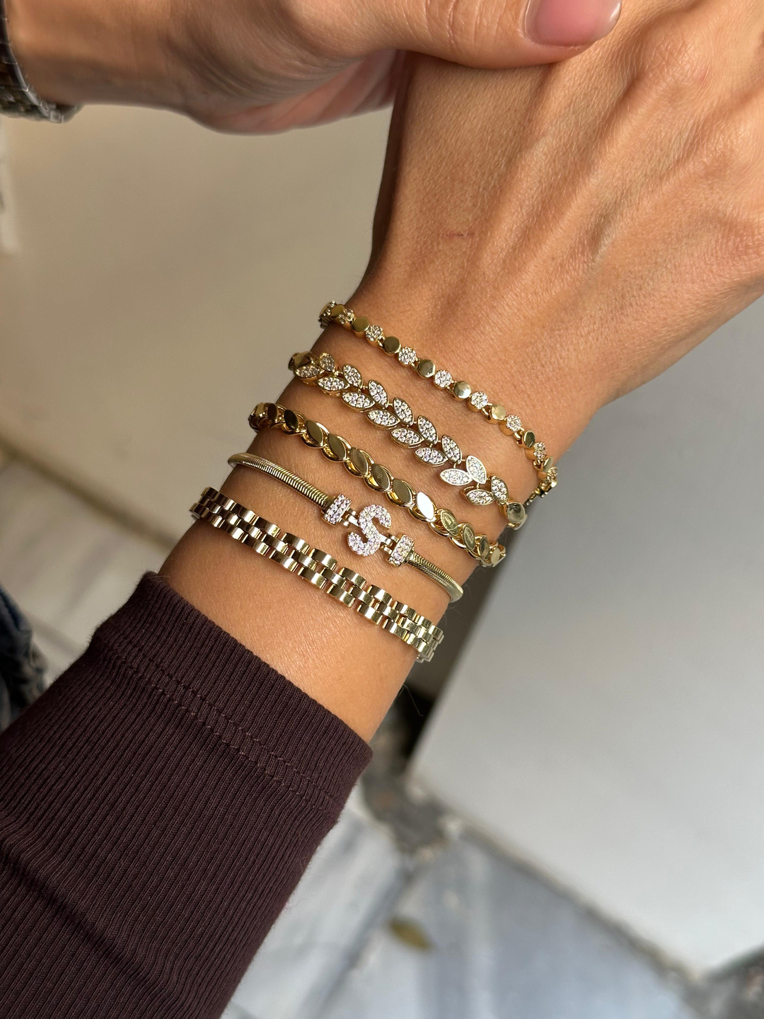 Altın Kaplama Gömme Taşlı Yaprak Model Arpa Zincir Bileklik Gold