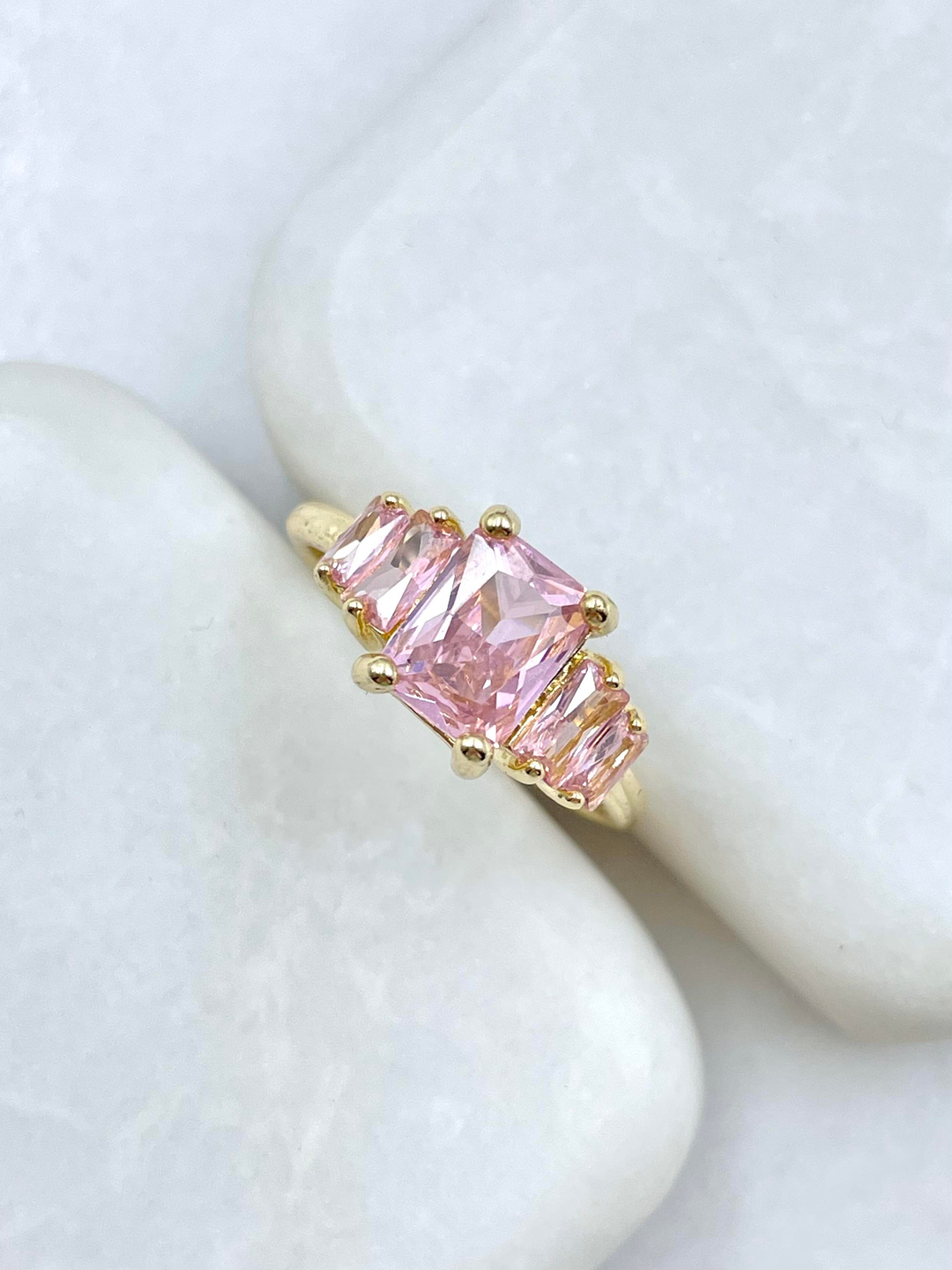 Altın Kaplama Büyük Küçük Baget Taşlı Yüzük Pembe