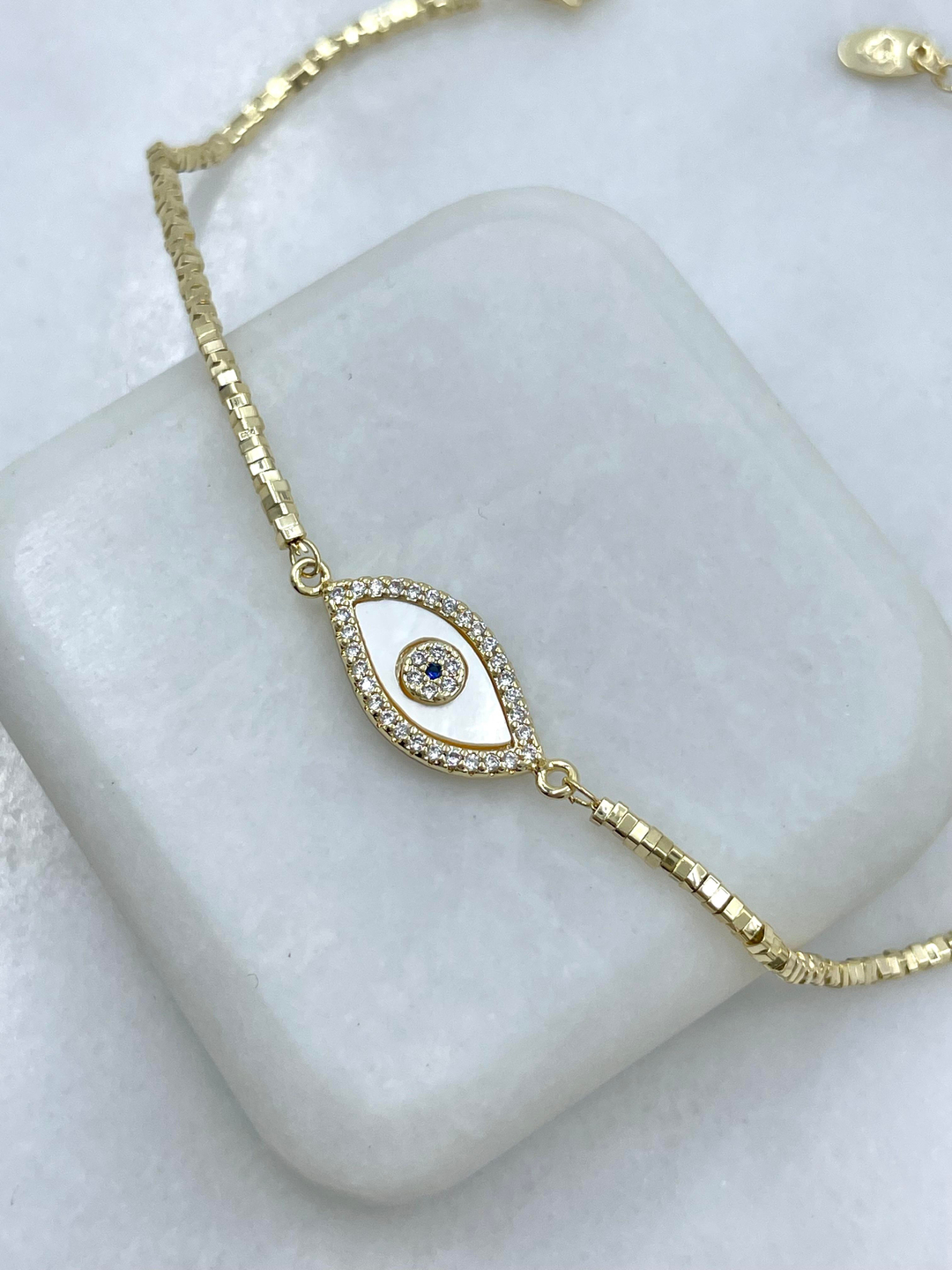 Altın Kaplama Sedefli Göz Model Küp Boncuk Bileklik Gold