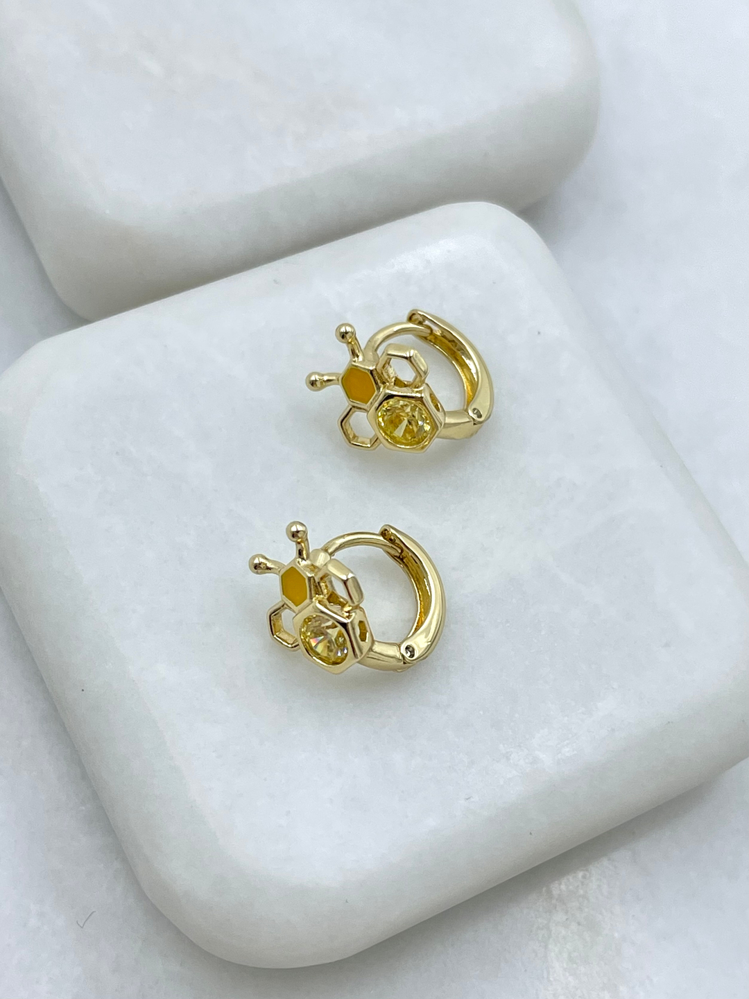 Özel Seri Kristal Taşlı Arılı Petek Model Küpe Gold